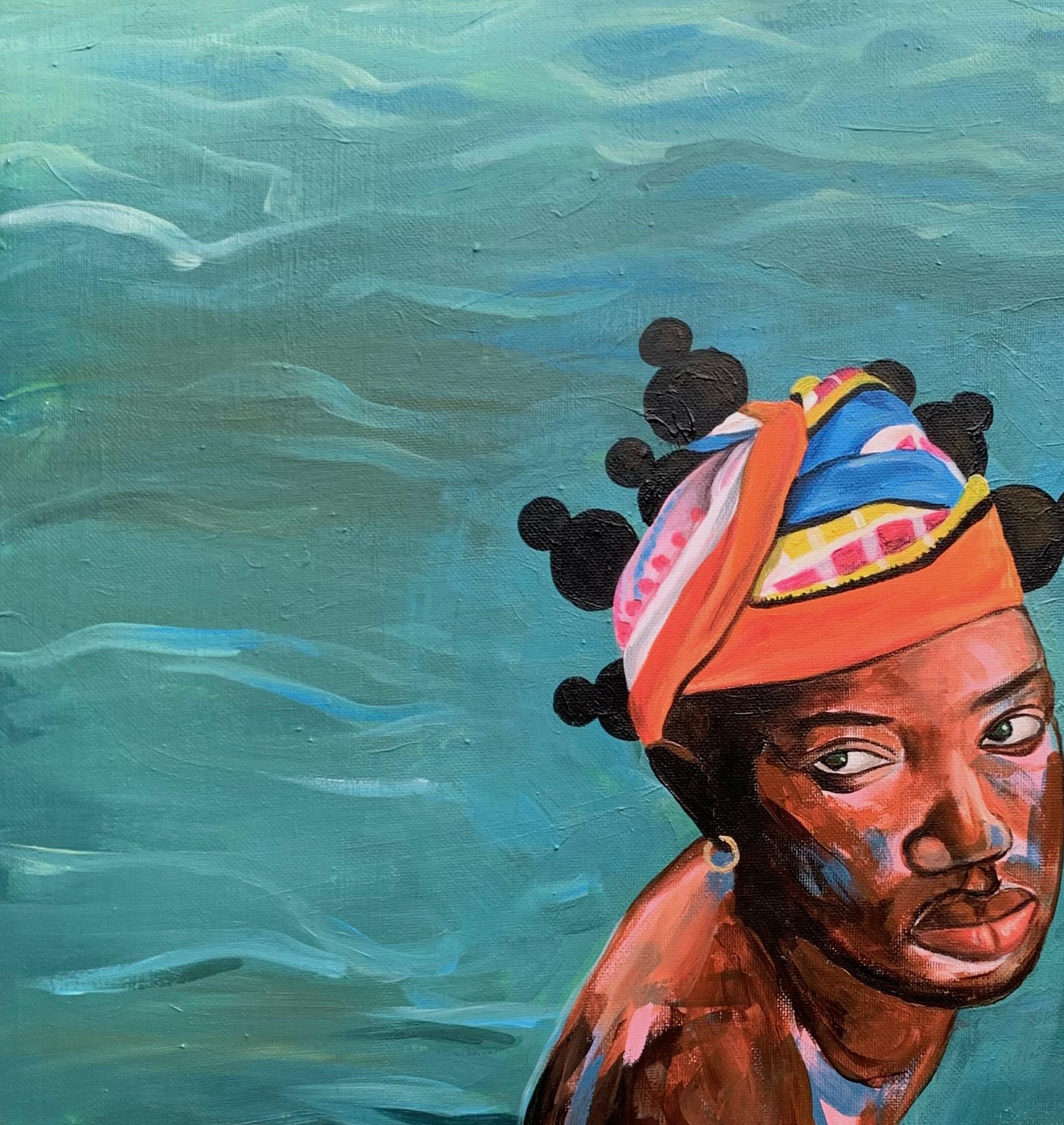 Dio, Guarda giù - 21° secolo, Contemporaneo, Ritratto figurativo, Donne, Oceano - Painting di Merenini Williams