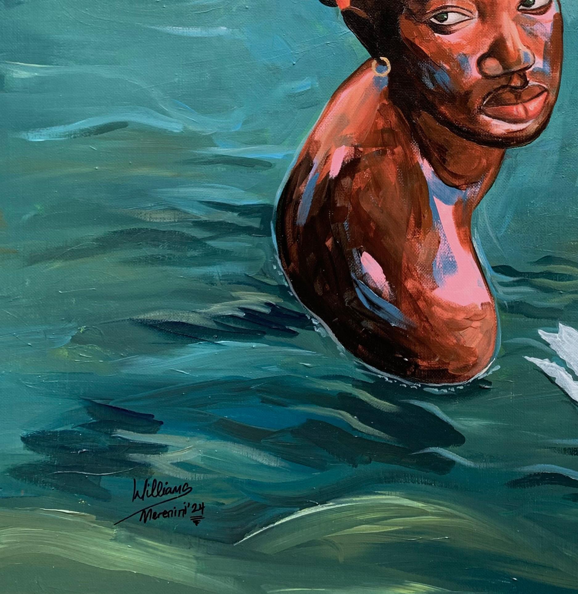 Dio, Guarda giù - 21° secolo, Contemporaneo, Ritratto figurativo, Donne, Oceano - Interior Painting Blu di Merenini Williams