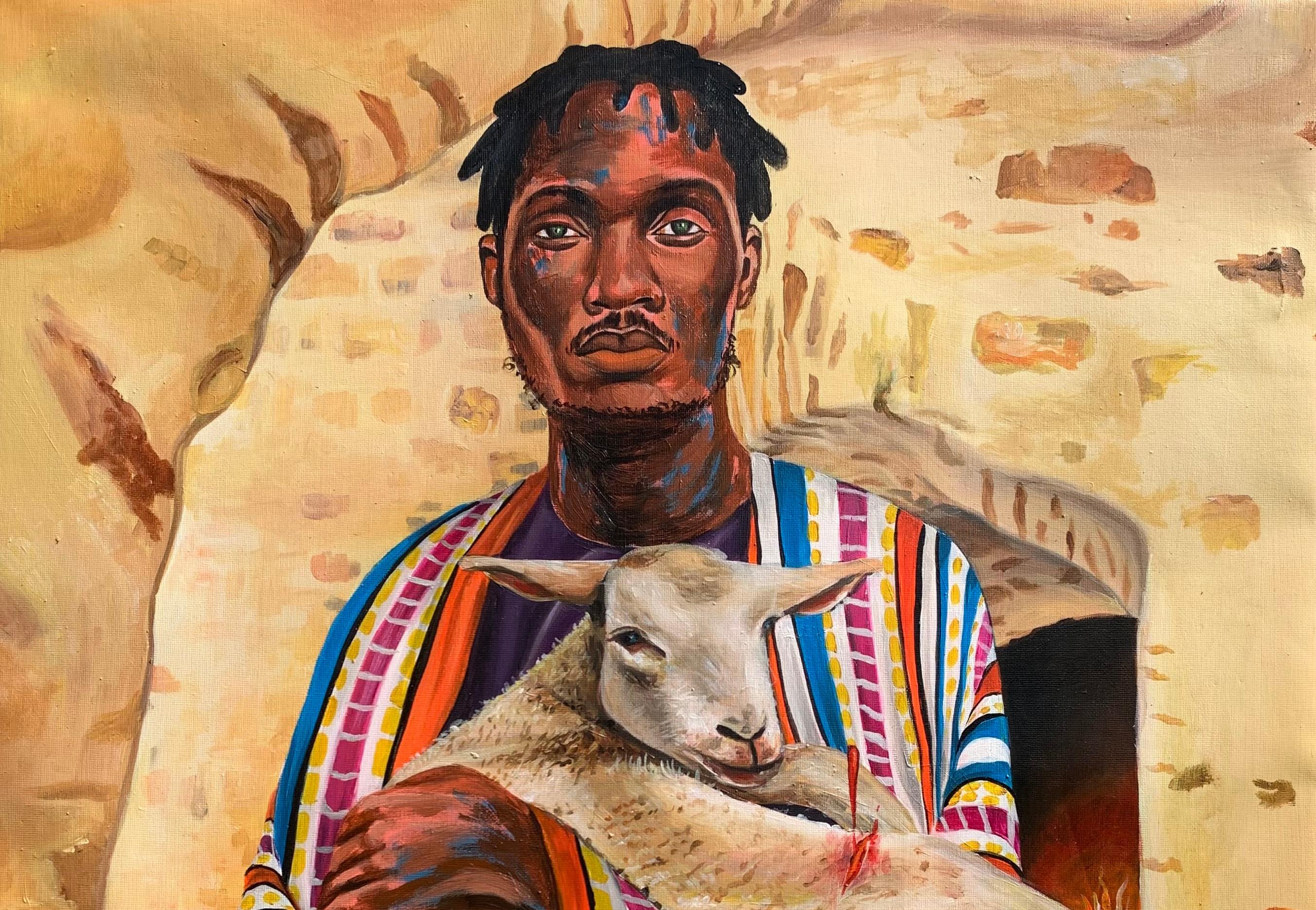 Ra'ah (Hirte) - 21. Jahrhundert, Zeitgenössisch, Figurativ, Junger Mann mit Schaf – Painting von Merenini Williams