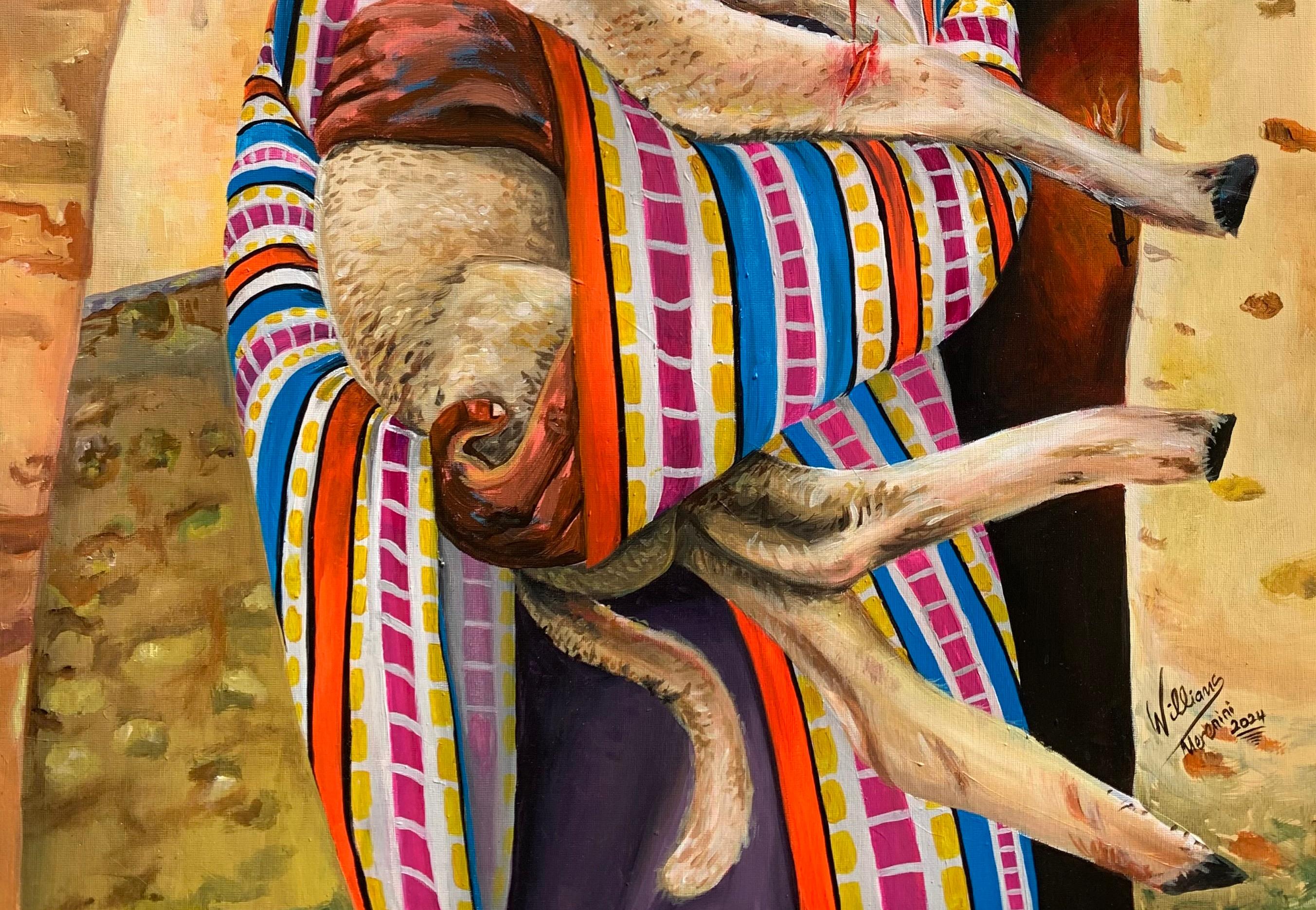 Ra'ah (Hirte) - 21. Jahrhundert, Zeitgenössisch, Figurativ, Junger Mann mit Schaf (Expressionismus), Painting, von Merenini Williams