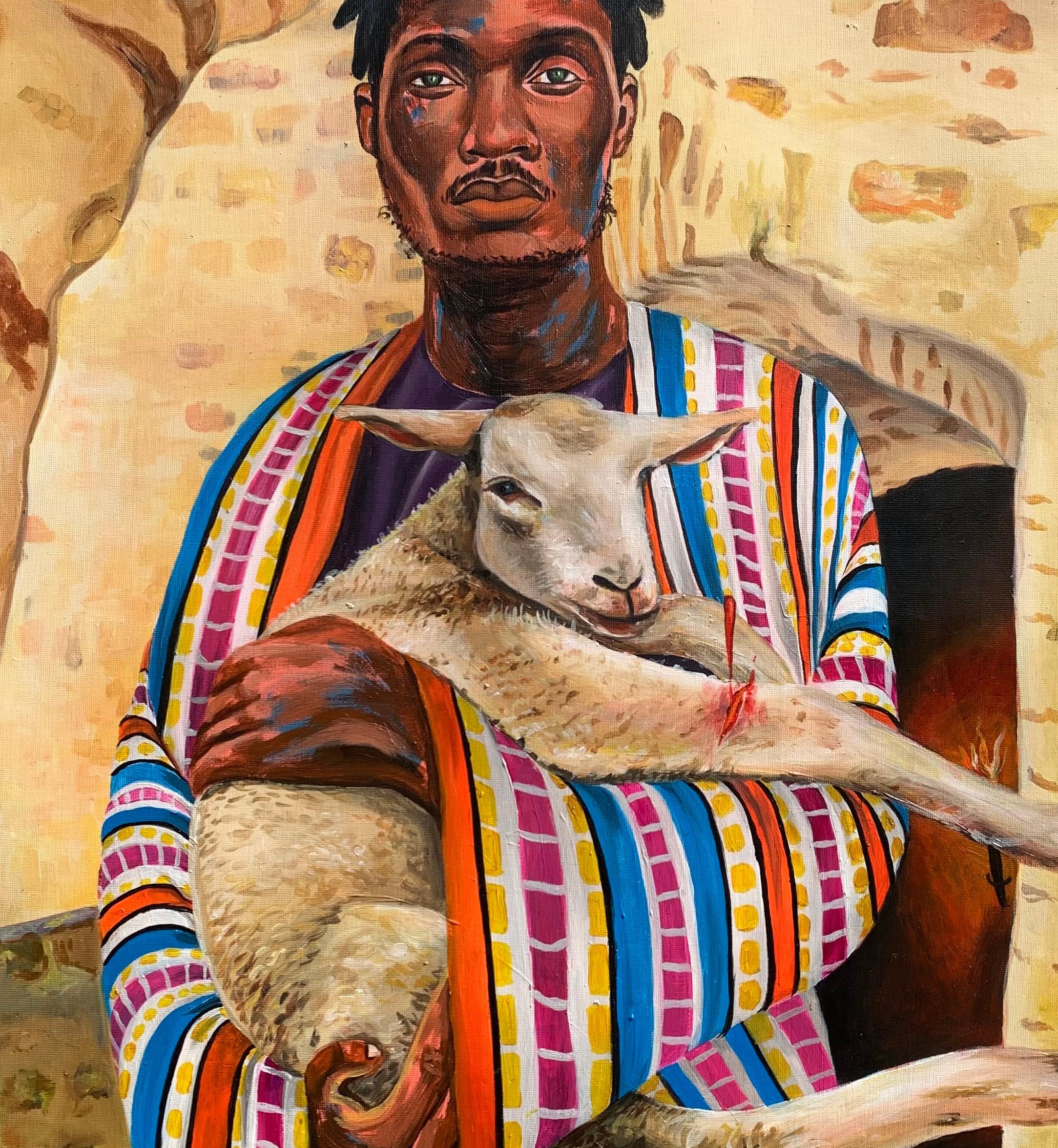 Ra'ah (Hirte) - 21. Jahrhundert, Zeitgenössisch, Figurativ, Junger Mann mit Schaf (Beige), Figurative Painting, von Merenini Williams