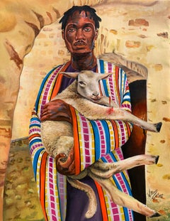 Ra'ah (Pastor) - Siglo XXI, Contemporáneo, Figurativo, Joven con oveja
