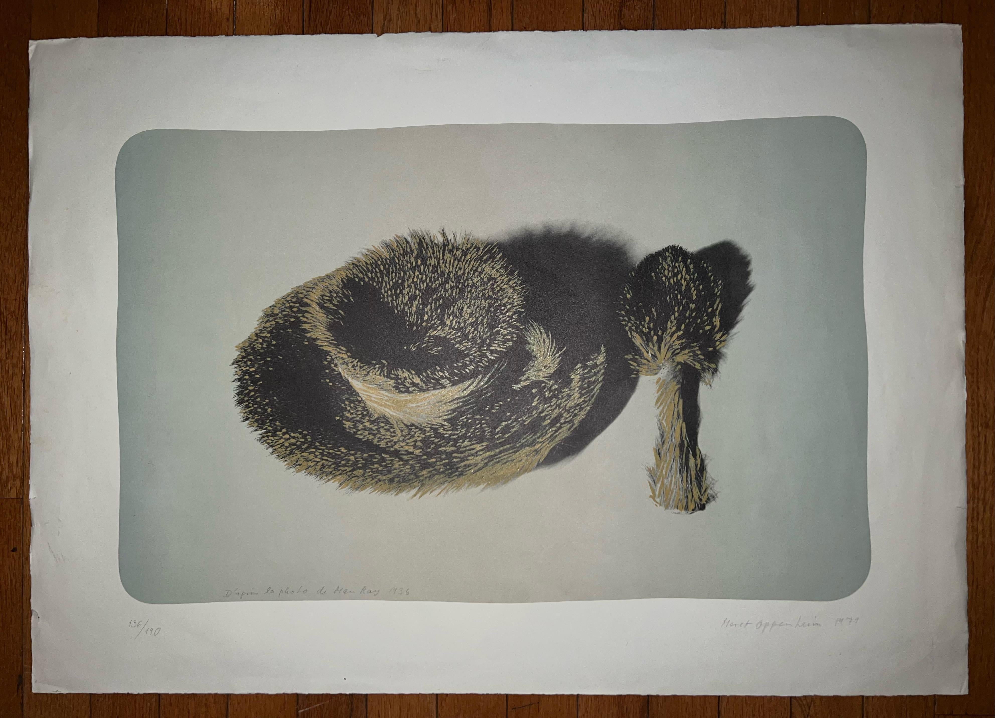 American Méret Oppenheim and Man Ray Print Fur Cup Object, 1971, Signed in Pencil