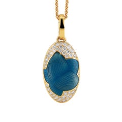 Oval Locket Pendant - 18k Yellow Gold - Blue Vitreous Enamel 43 Diamonds 0.55 ct