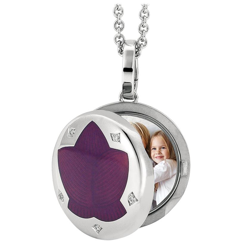 Round Pendant Locket 18k Yellow Gold Raspberry Enamel 5 Diamonds 0.03 ct G VS For Sale