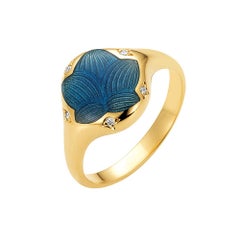 Medium Blue Vitreous Enamel Ring Floral Motif 18k Yellow Gold 5 Diamonds 0.03 ct