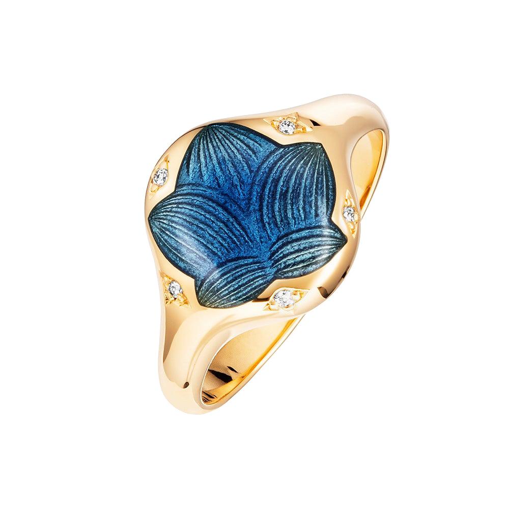 18k Gelbgold-Ring mit blauem, lebendigem Emaille-Motiv mit Blumenmotiv, 5 Diamanten 0,03 ct