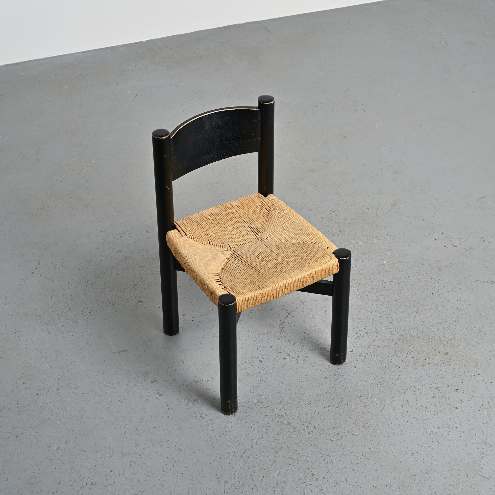 Meribel Stuhl aus schwarz gebeizter Esche, Charlotte Perriand, um 1950 (Binse) im Angebot