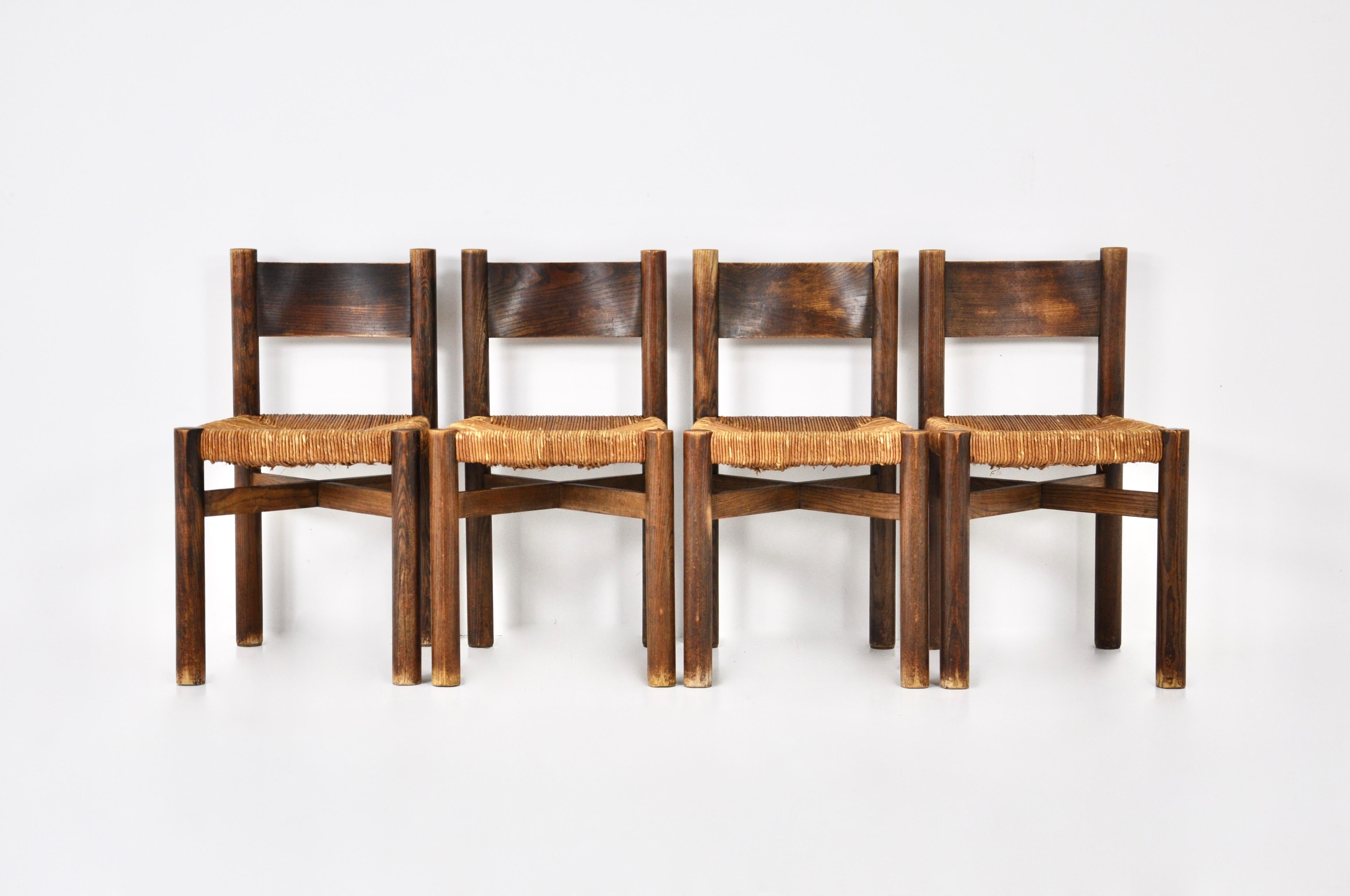 French Meribel chairs by Charlotte Perriand for Steph Simon, 1950s, set of 4 For Sale