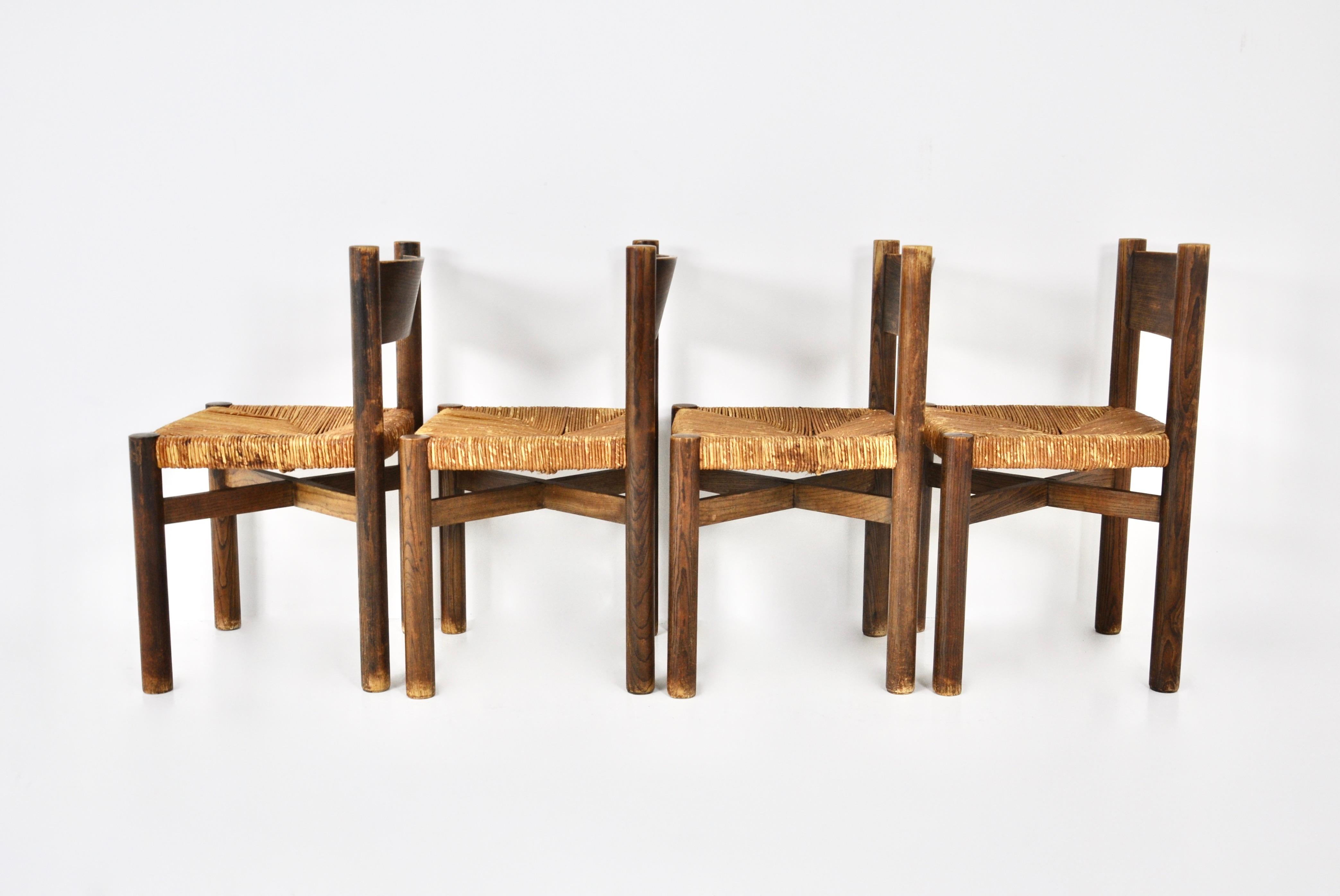 Straw Meribel chairs by Charlotte Perriand for Steph Simon, 1950s, set of 4 For Sale