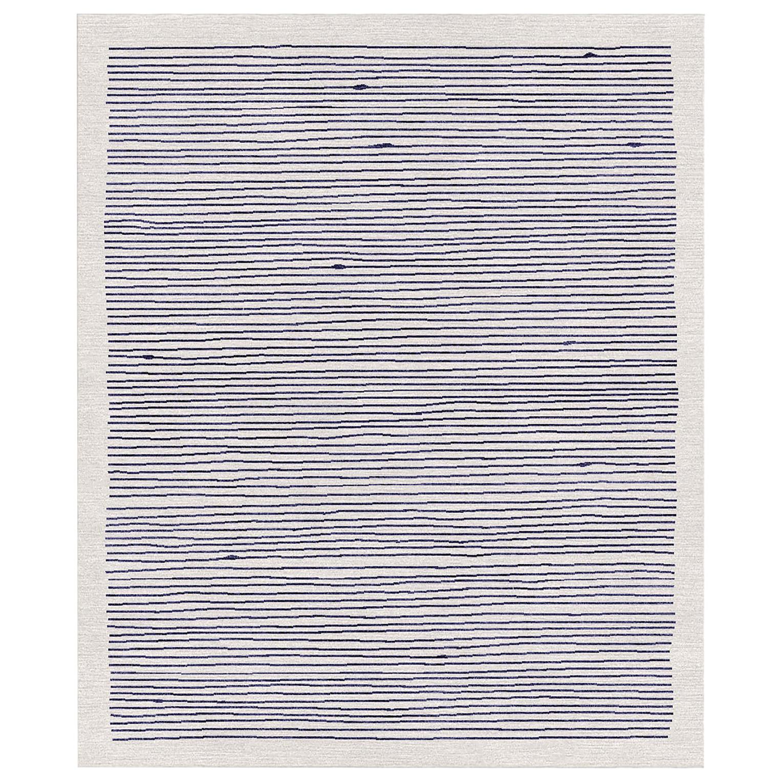 Tapis de salon à rayures beiges et bleues minimaliste en laine côtelée Merida en vente