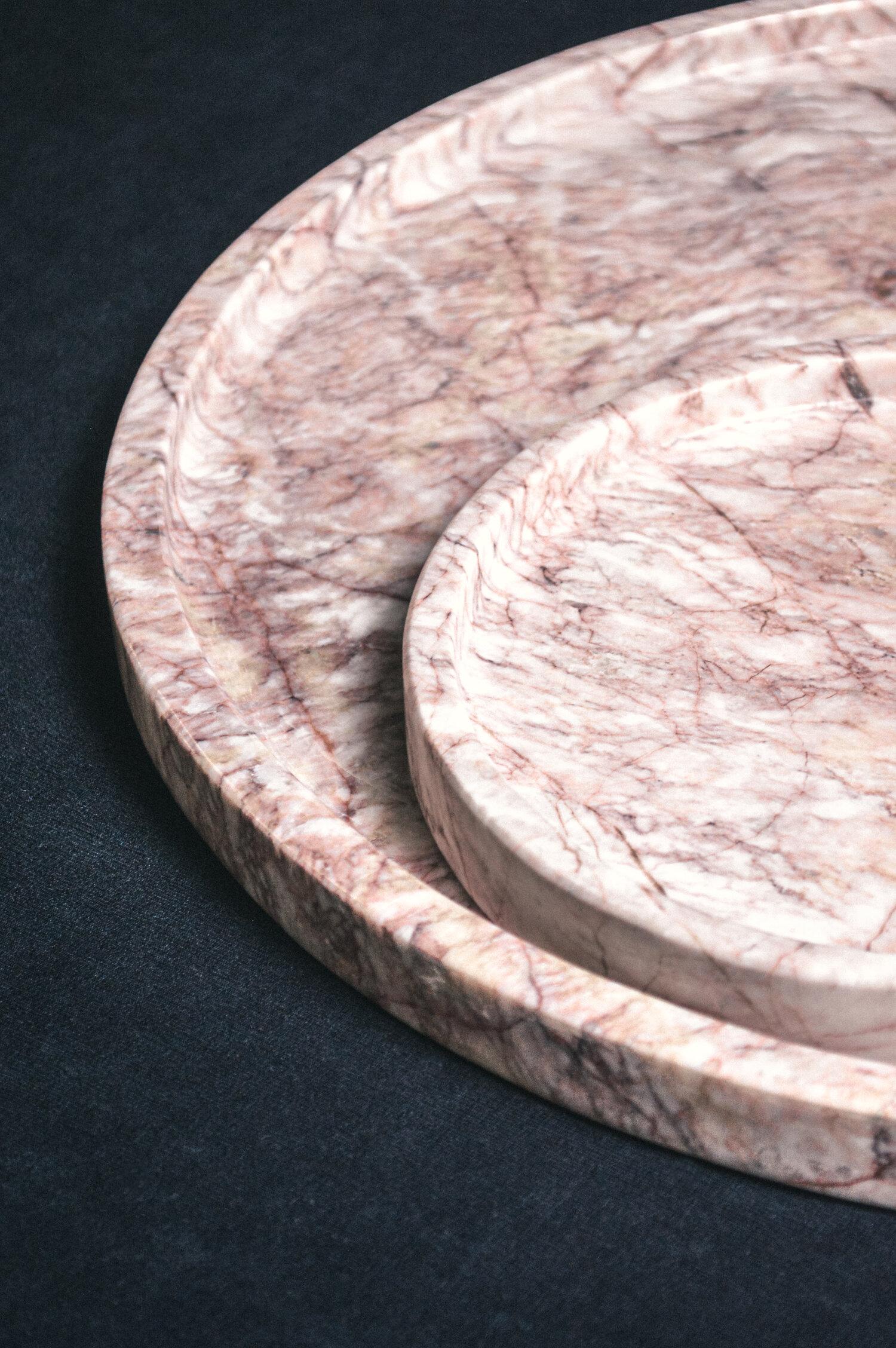 Hand crafted Merida Trays are a stunning addition to every table spread, perfect for entertaining. The trays are hand-carved from Mexican Jaspe Rose Marble, boasting a rose color mix with thin red and white veining. Unearthed from the quarries of