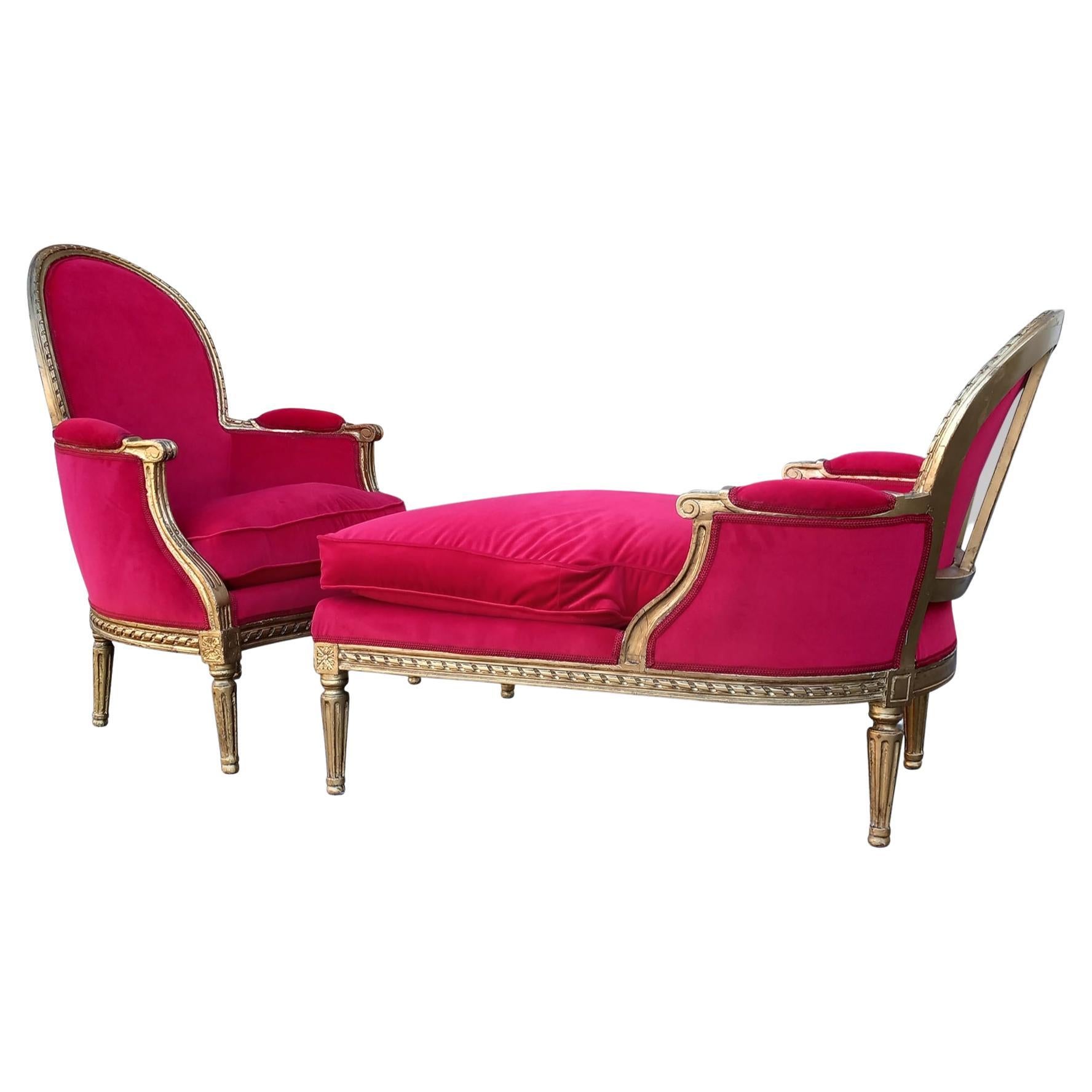 Merideienne Louis XVI Period Gilded Wood Red Velvet Fabrics For Sale