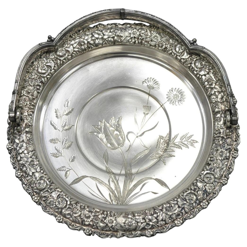 Meriden Art Nouveau Silver Plated Floral Repousse Bread Pastry Brides Basket For Sale