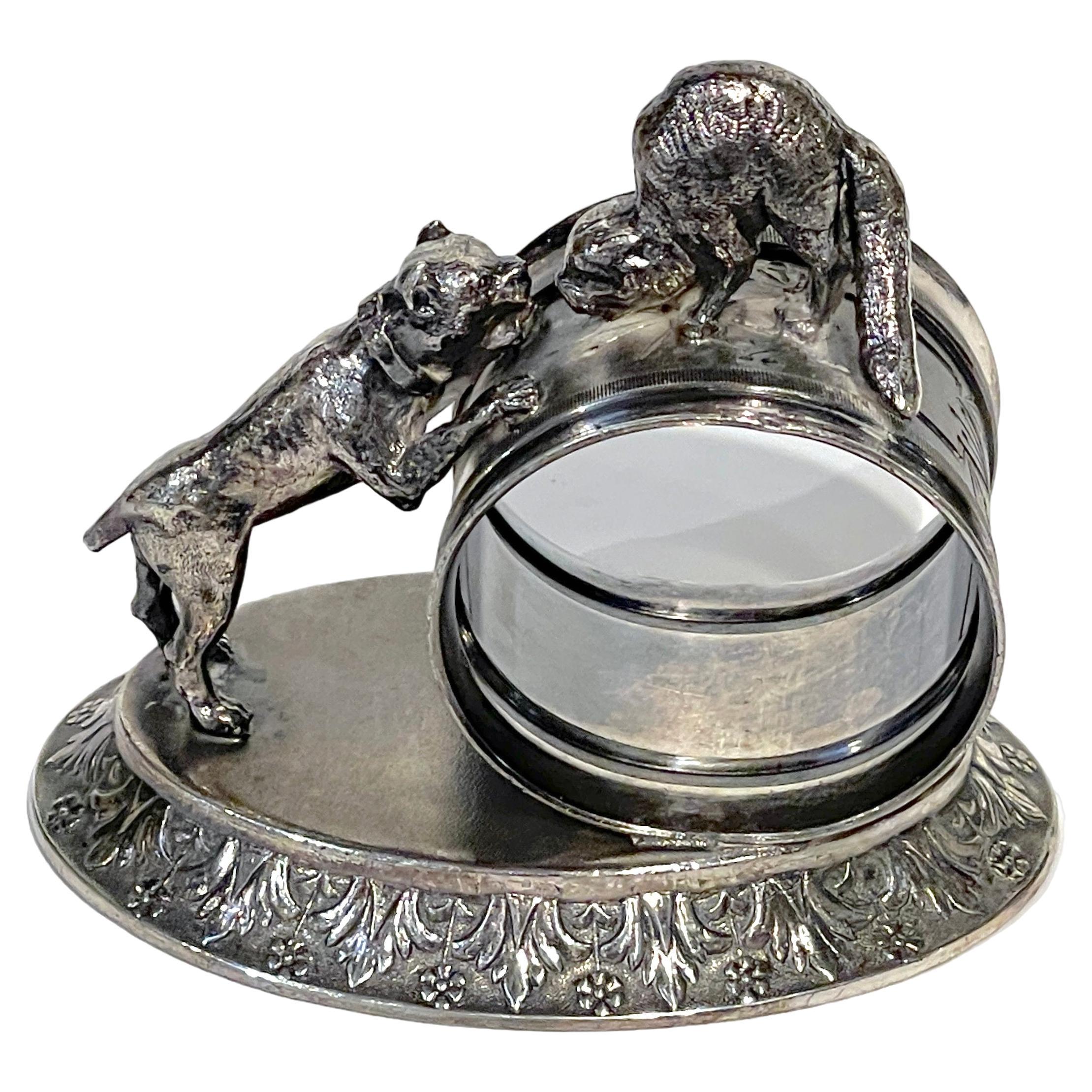 Meriden 'Dog and Cat' Silverplated Figural Napkin Ring For Sale