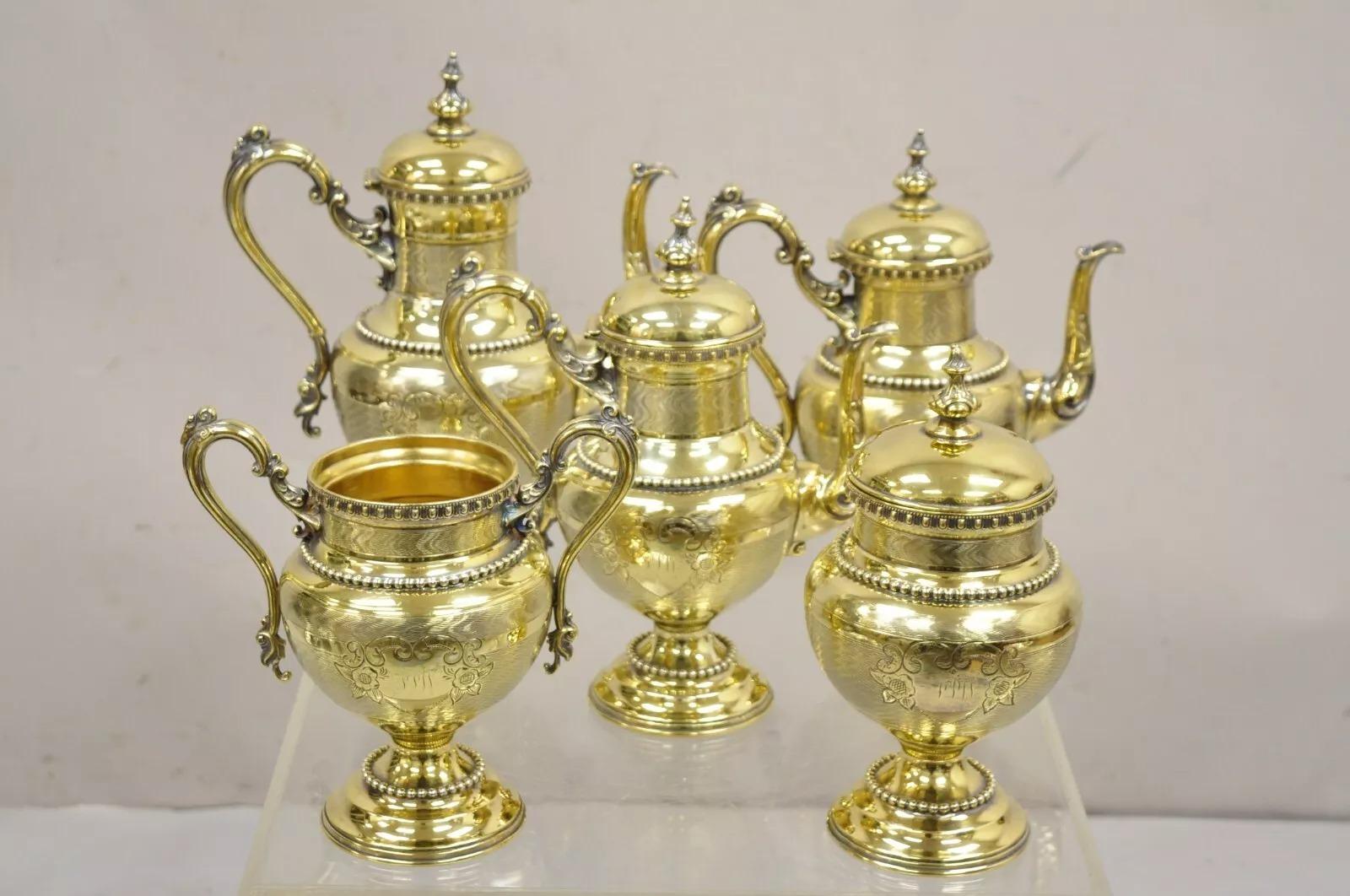 Service à thé victorien Meriden orné d'or avec monogramme « PPW » - 5 pièces en vente 6