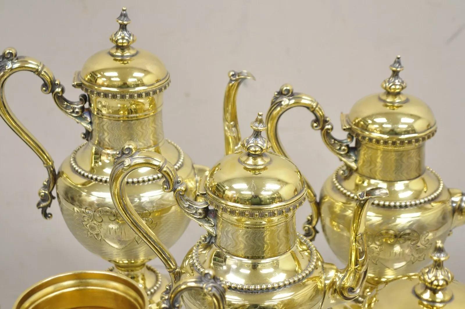 Inconnu Service à thé victorien Meriden orné d'or avec monogramme « PPW » - 5 pièces en vente