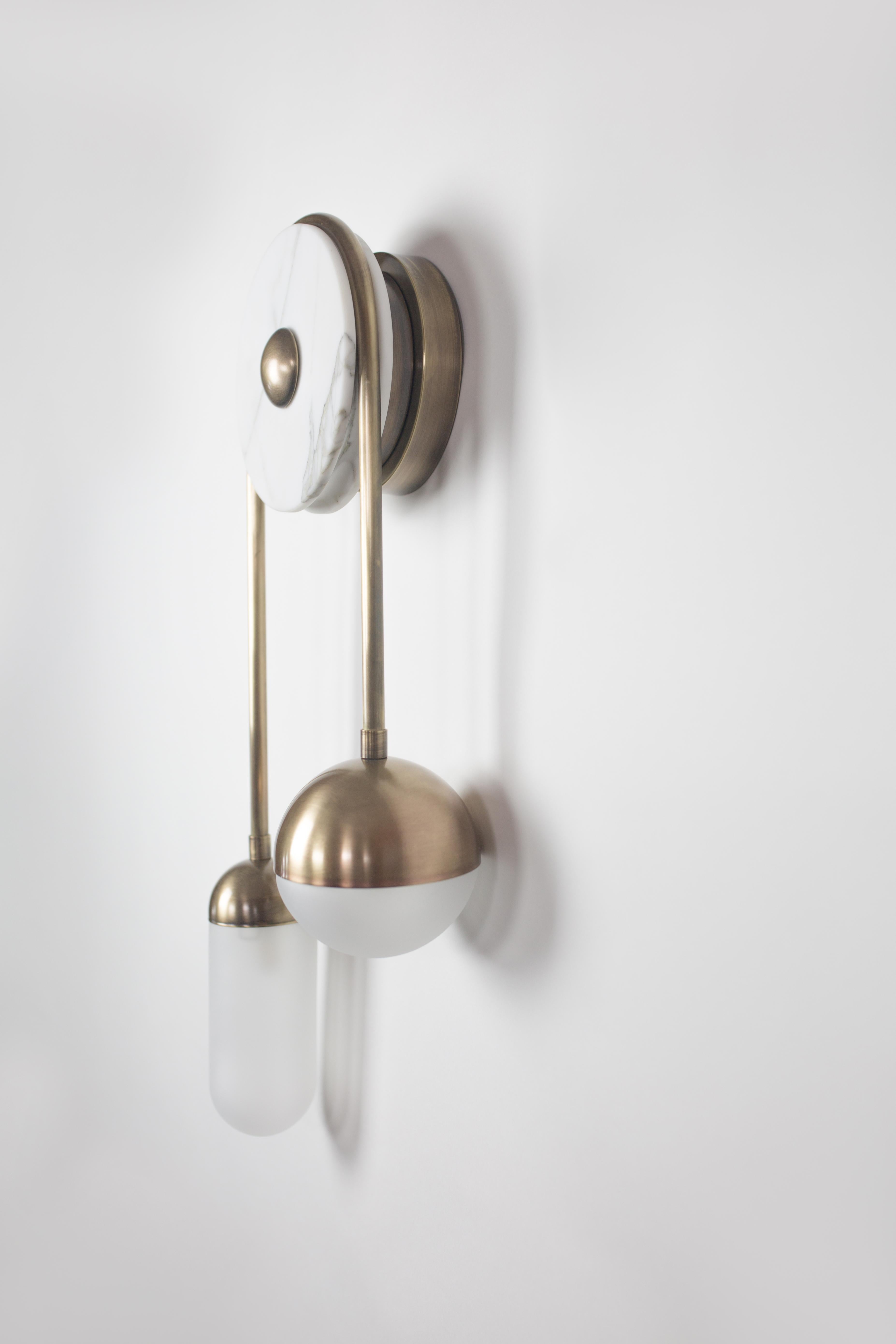 Blown Glass Meridian, Aged Brass, Marble, Handblown Glass Contemporary Sconce, Kalin Asenov For Sale