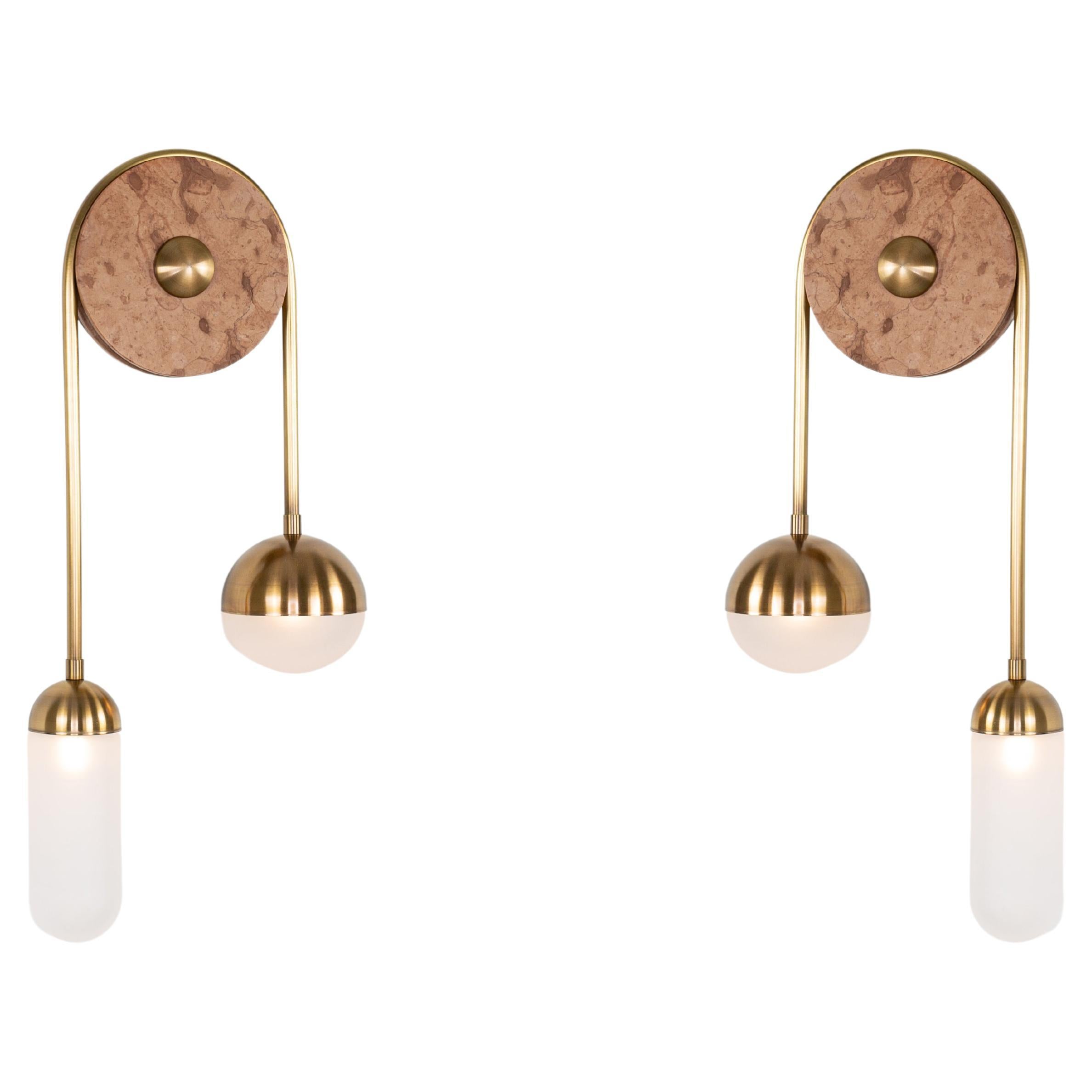 PAIR Meridian, Rojo Coralito Pink Marble, Warm Brass, Handblown Glass Sconce For Sale