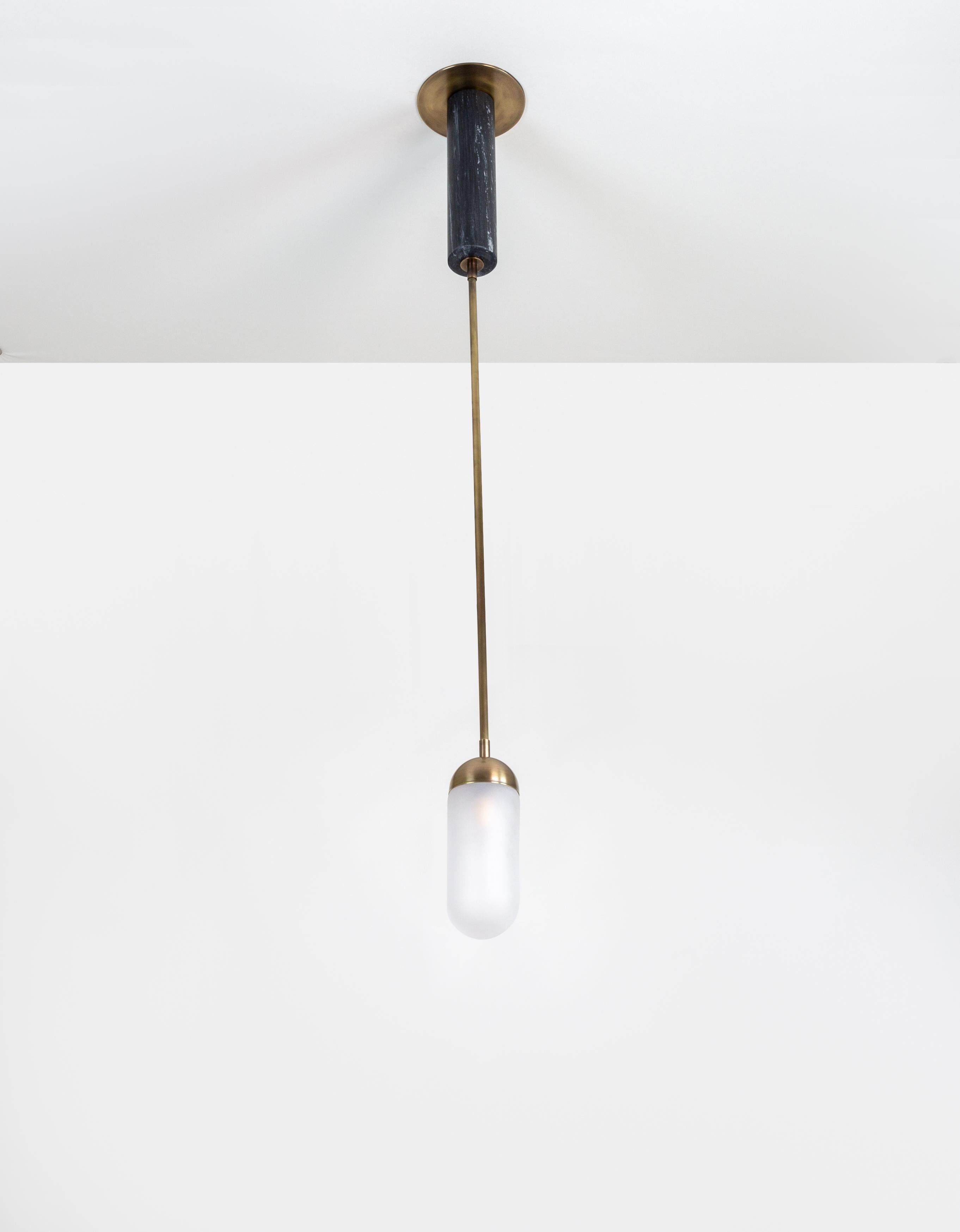 American Meridian Single, Capsule Contemporary Pendant, Glass, Antique Brass, Marble For Sale