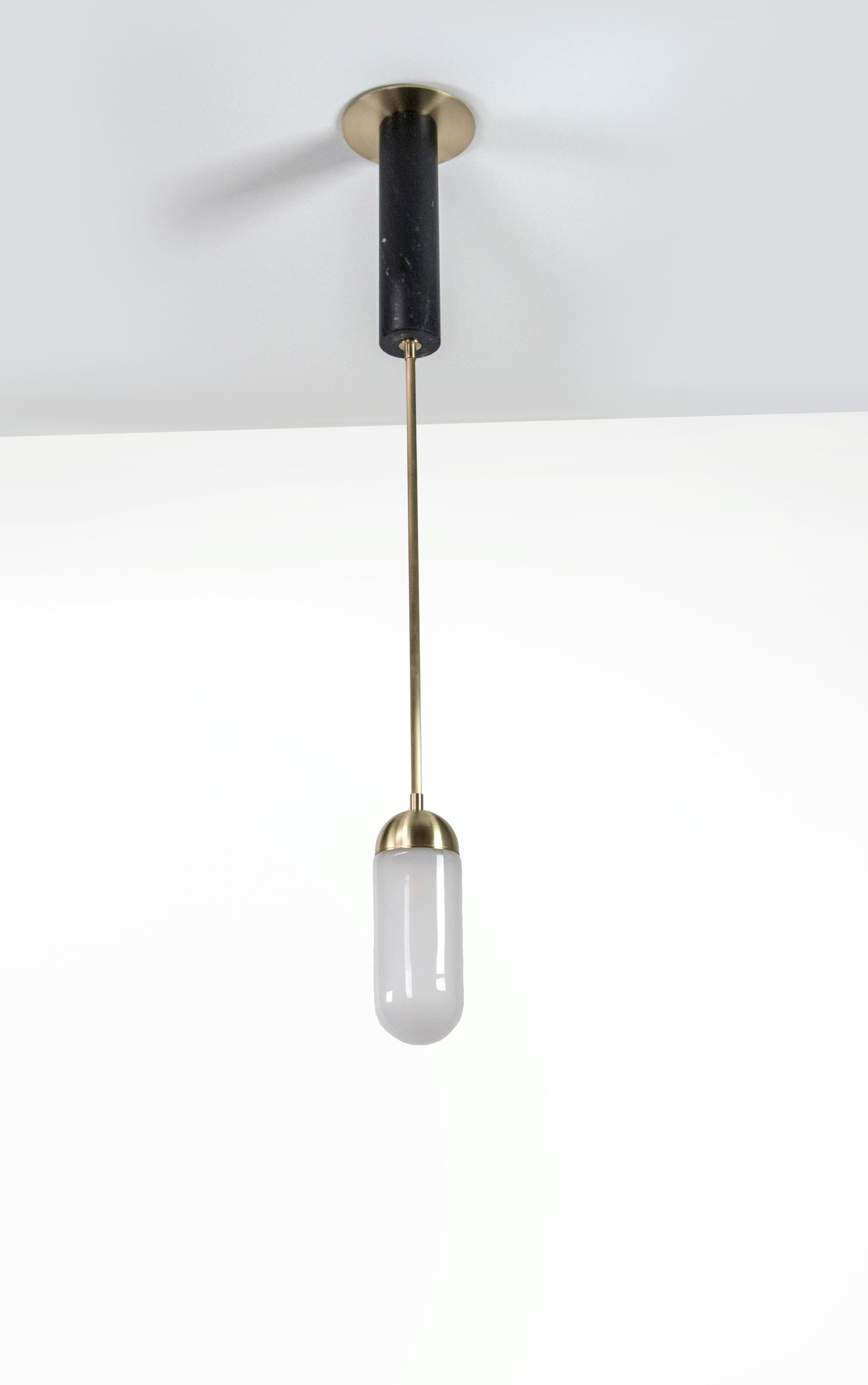 Meridian Single, Capsule Contemporary Pendant, Handblown Glass, Brass, Marble For Sale 4