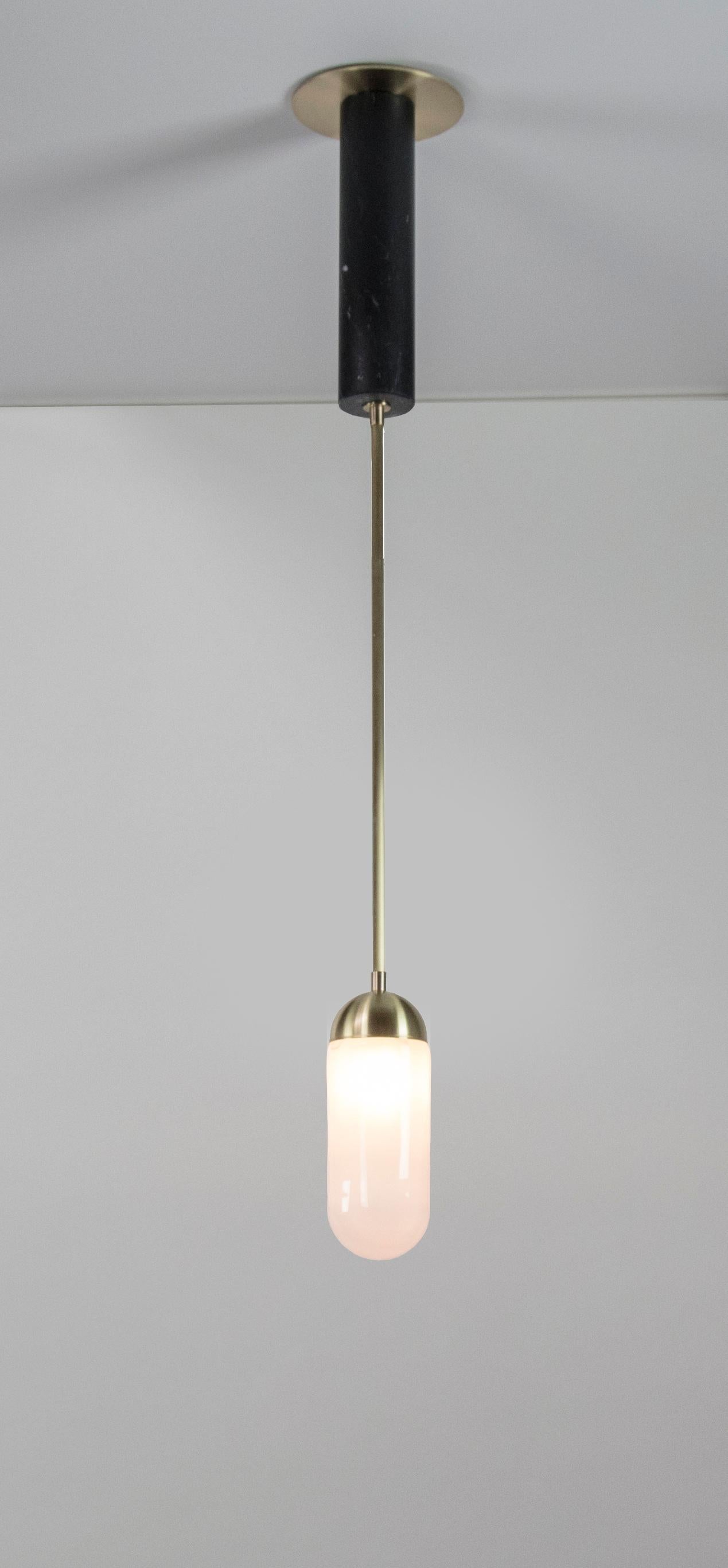 Meridian Single, Capsule Contemporary Pendant, Handblown Glass, Brass, Marble For Sale 5