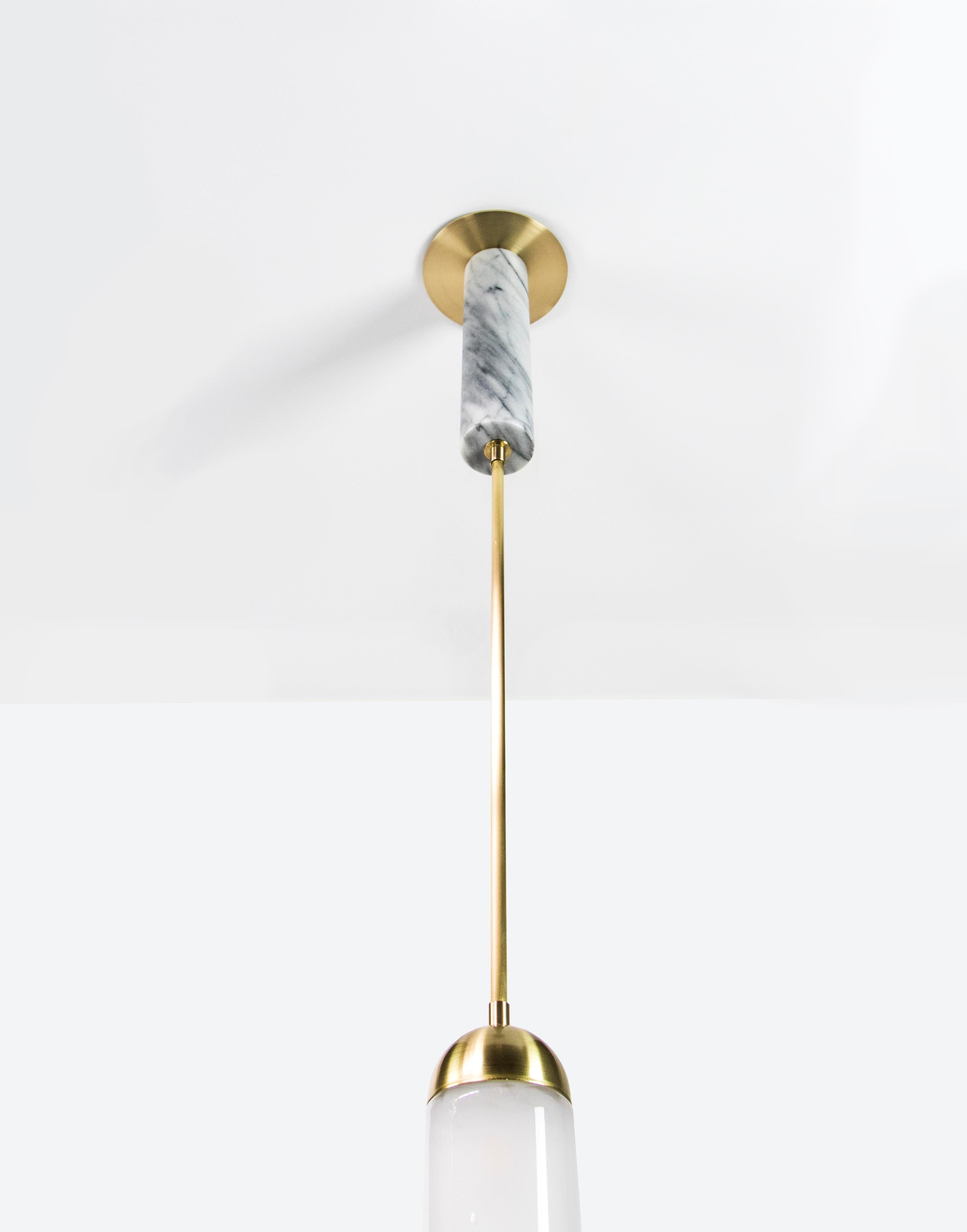 Meridian Single, Capsule Contemporary Pendant, Handblown Glass, Brass, Marble In New Condition For Sale In Savannah, GA
