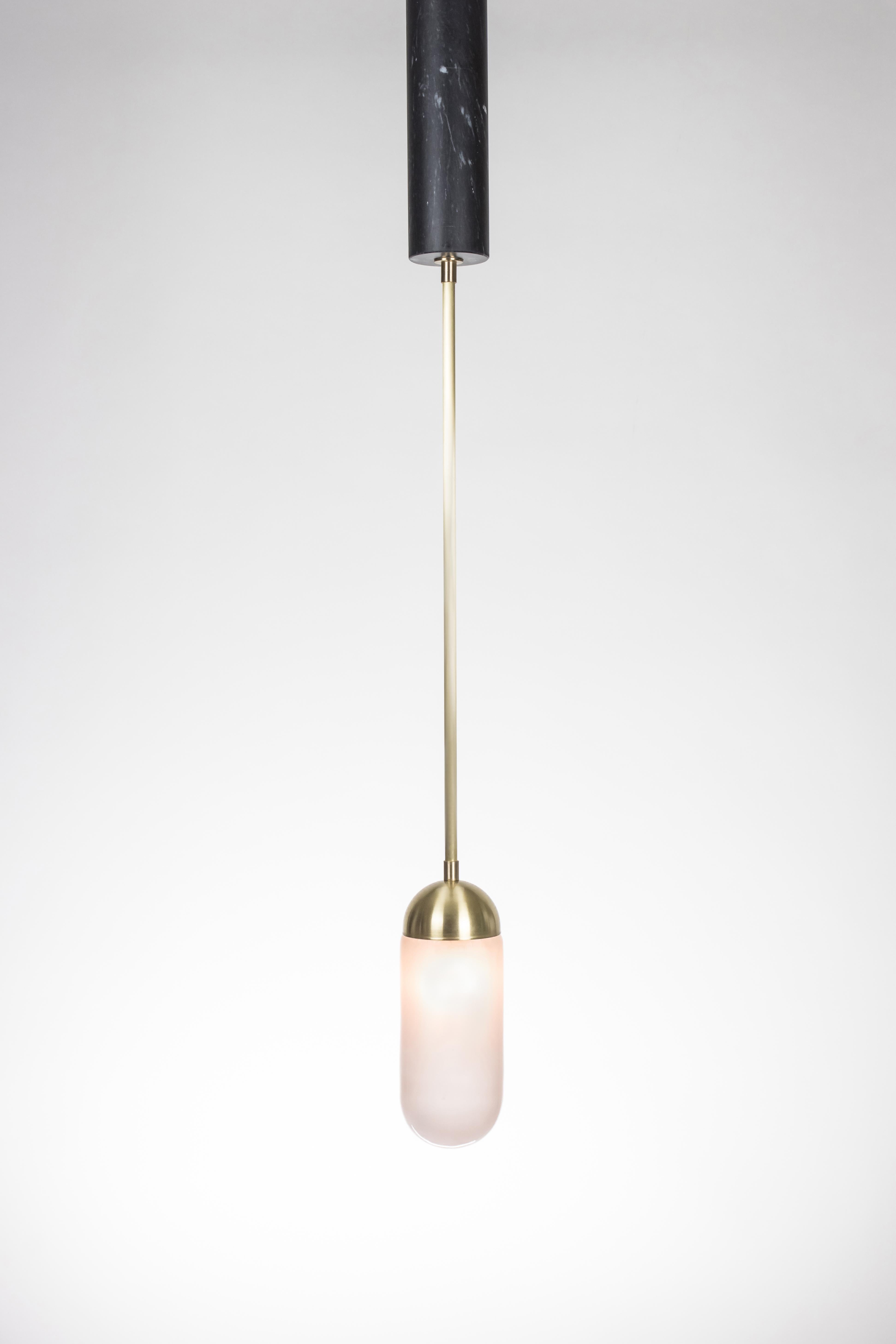 Meridian Single, Capsule Contemporary Pendant, Handblown Glass, Brass, Marble For Sale 3