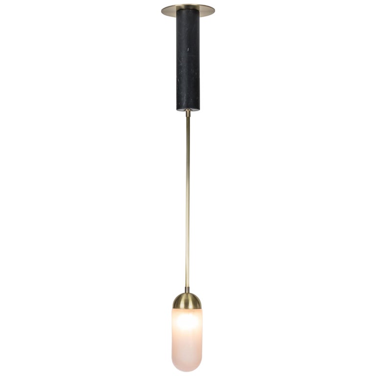 Meridian Single, Capsule Contemporary Pendant, Handblown Glass, Brass, Marble For Sale
