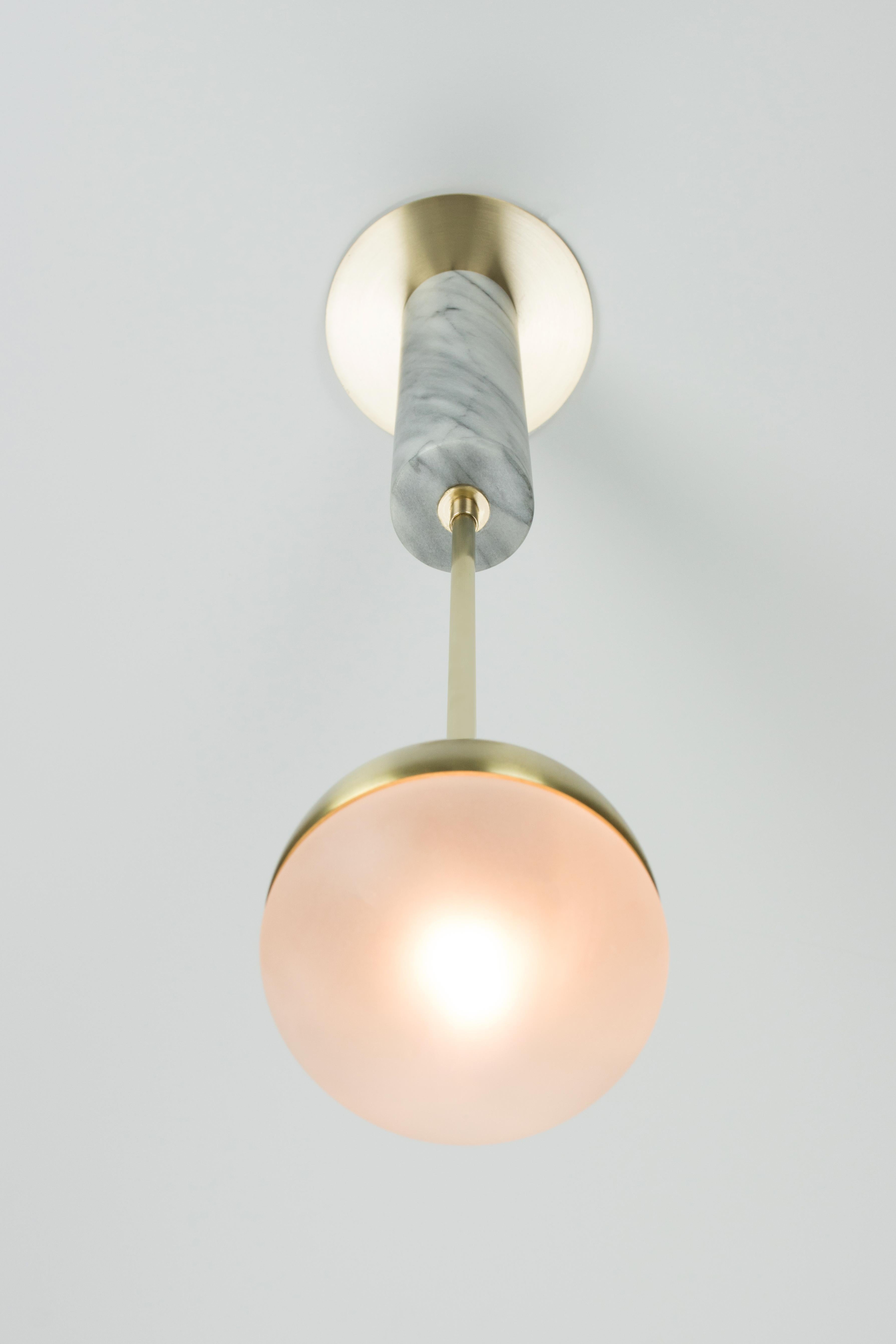 Modern Meridian Single, Orb Contemporary Pendant, Hand Blown Glass, Brass, Marble For Sale