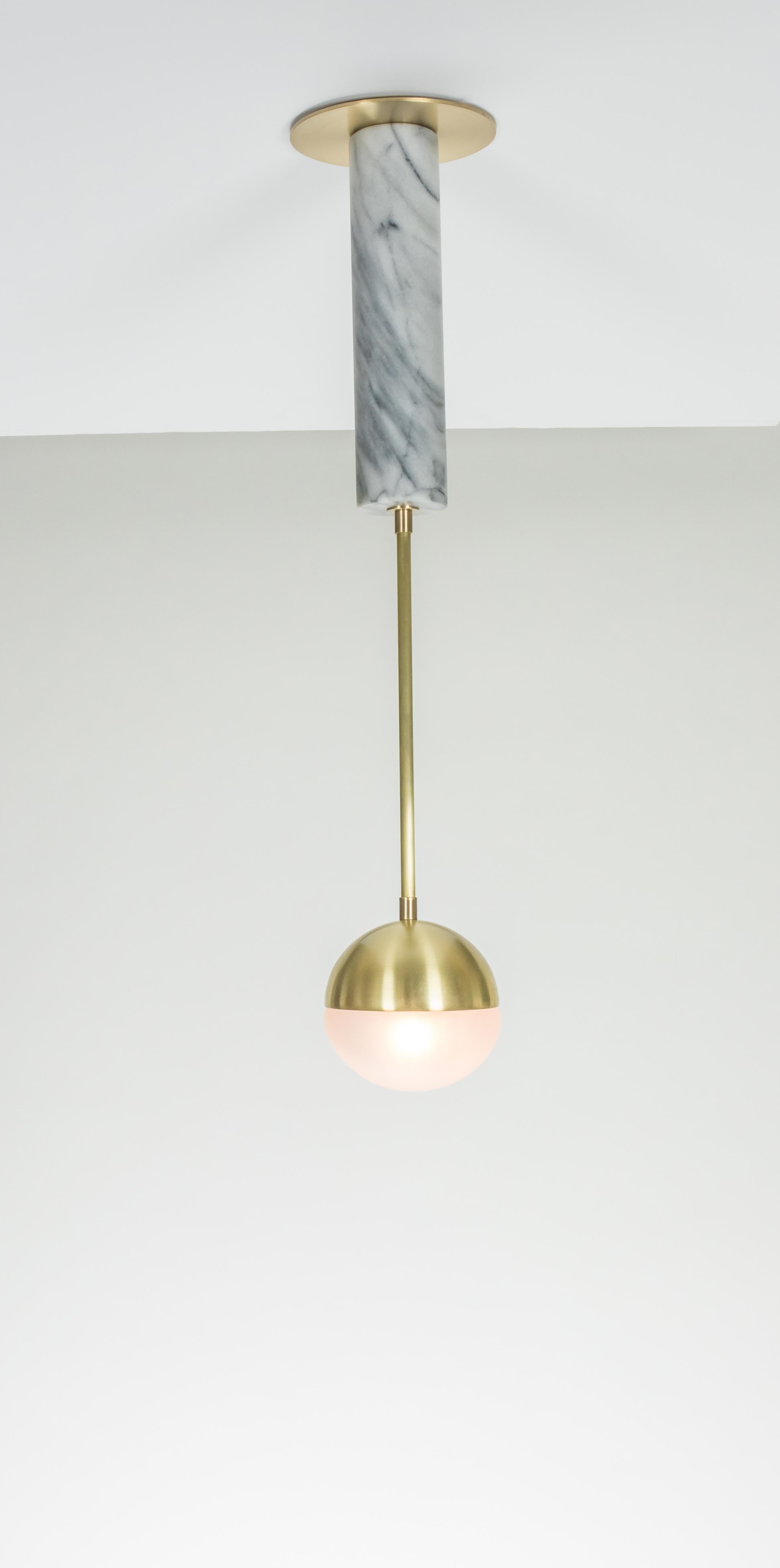 Meridian Single, Orb Contemporary Pendant, Hand Blown Glass, Brass, Marble For Sale 4