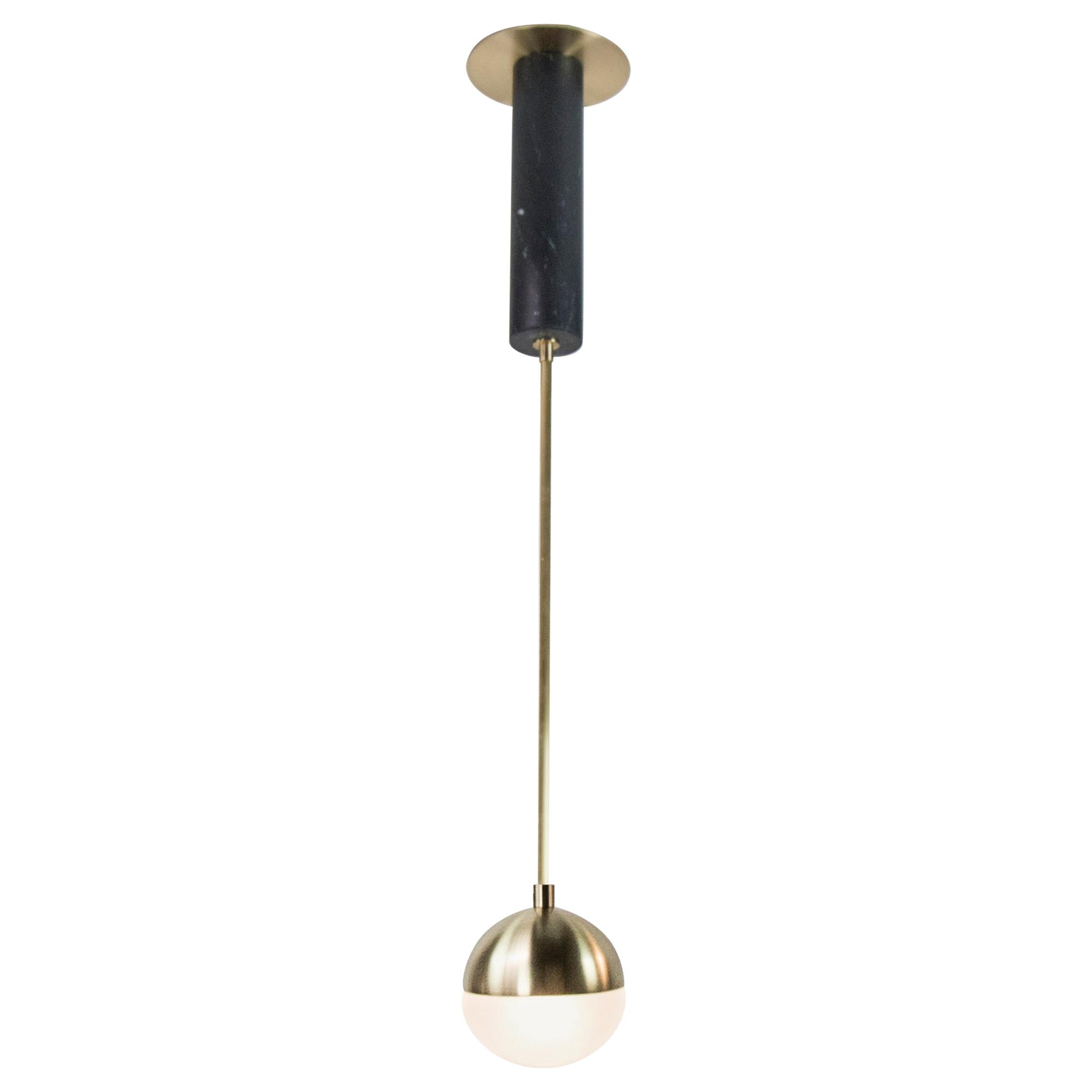Meridian Single, Orb Contemporary Pendant, Hand Blown Glass, Brass, Marble