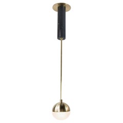 Meridian Single, Orb Contemporary Pendant, Hand Blown Glass, Brass, Marble