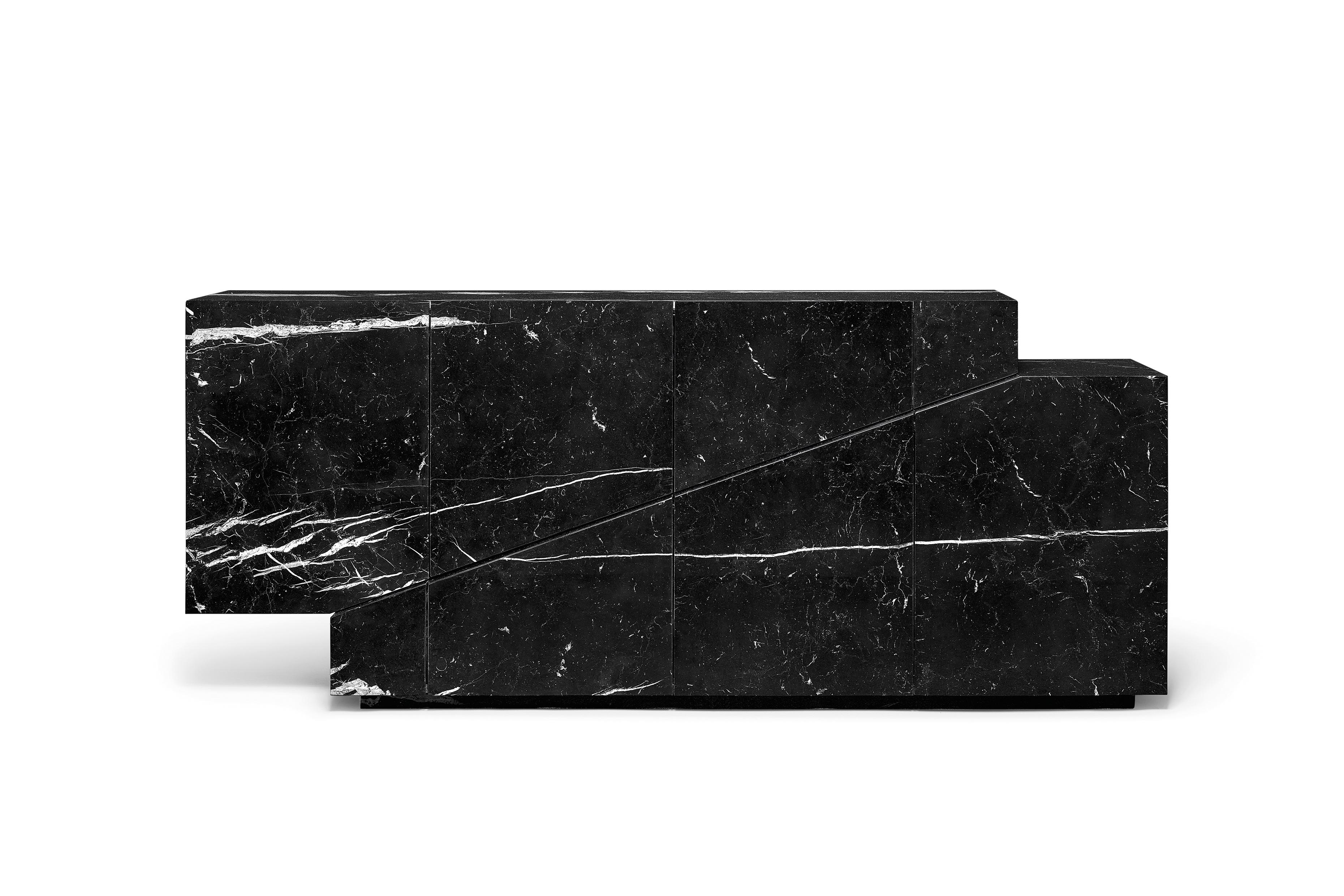 Meridiano Marble Sideboard by Ginger & Jagger
Dimensions: D 53 x W 200 x H 84 cm. 
Materials: Marble and lacquer.
Finish: Exterior in Negro Marquina marble in polished finishing; interior, drawers, and shelves lacquered in NCS S 4050 R in matt