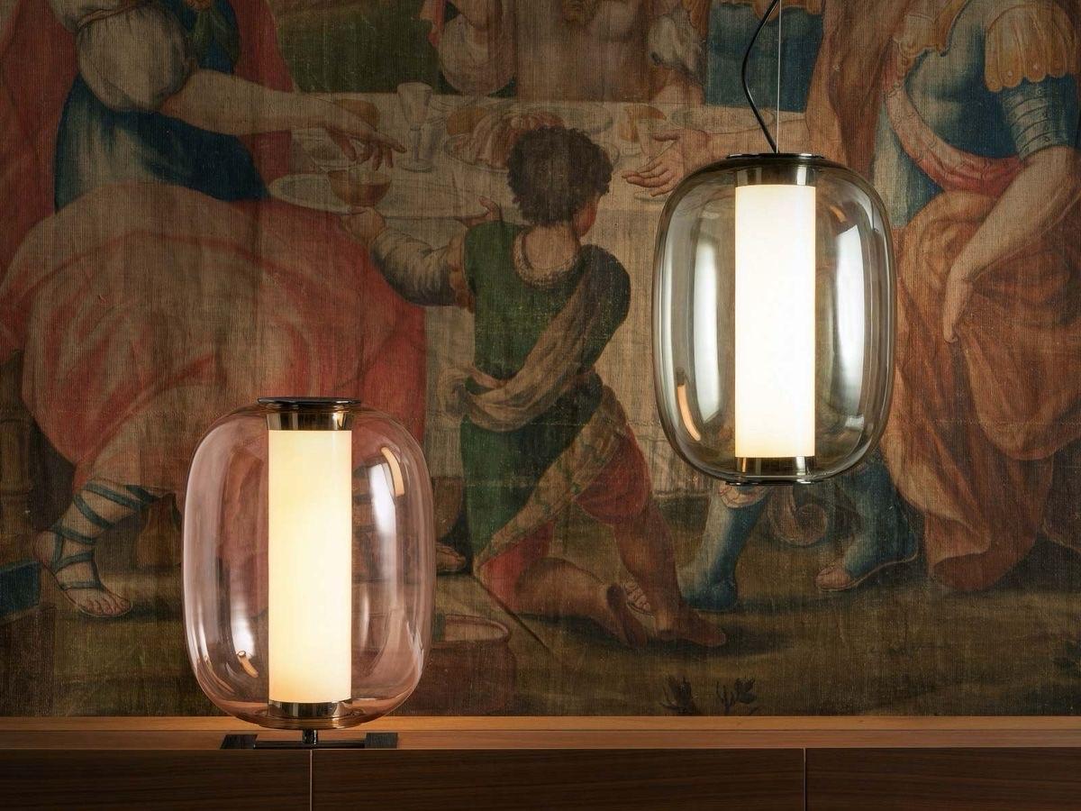 Lampe de bureau moyenne Meridiano avec abat-jour en verre rose clair par FontanaArte Neuf - En vente à Beverly Hills, CA