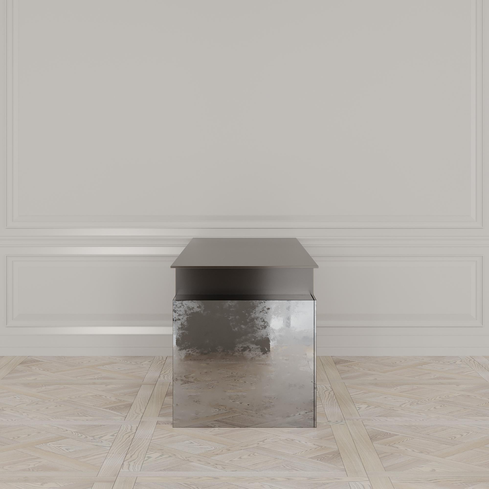 Modern Meridiem Desk of Antiqued Mirror and Patinated Steel, Made in Italy For Sale