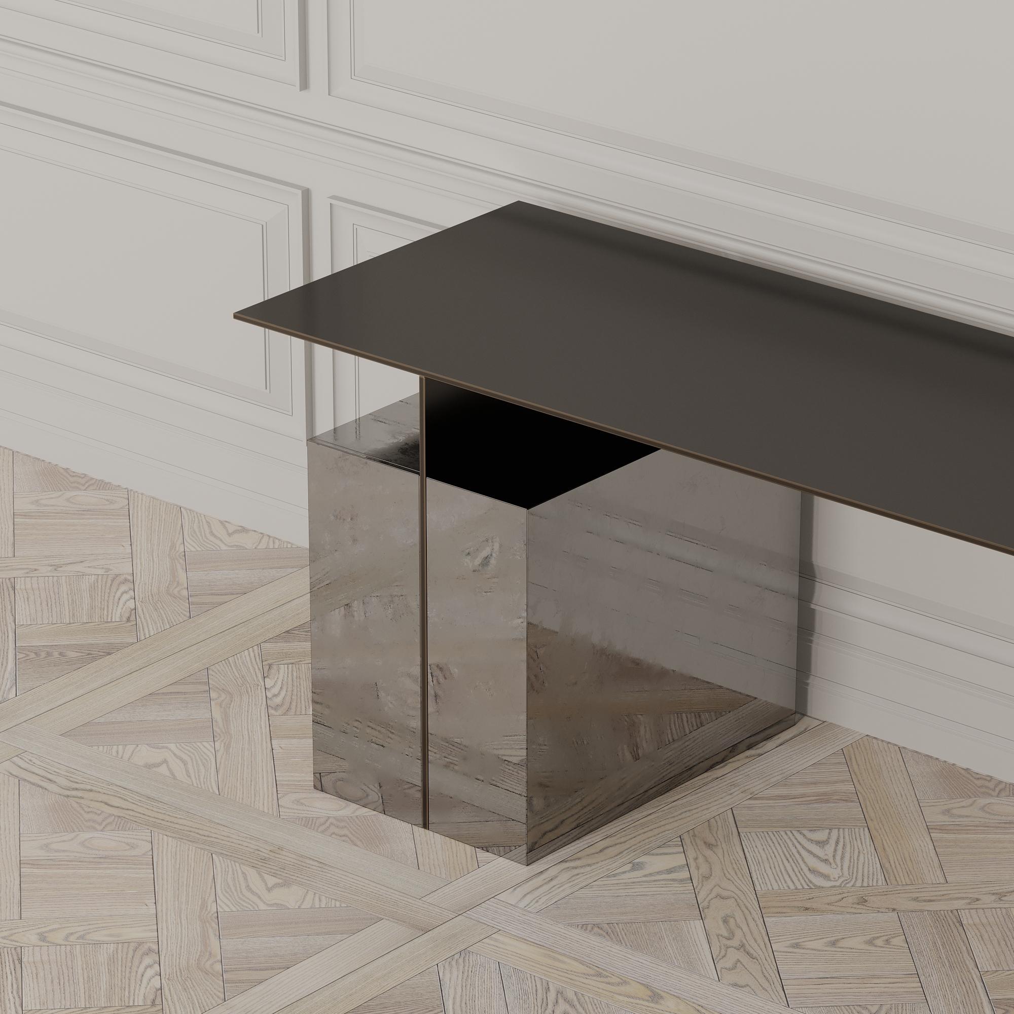 Minimalist Meridiem Desk of Antiqued Mirror and Patinated Steel, Made in Italy For Sale