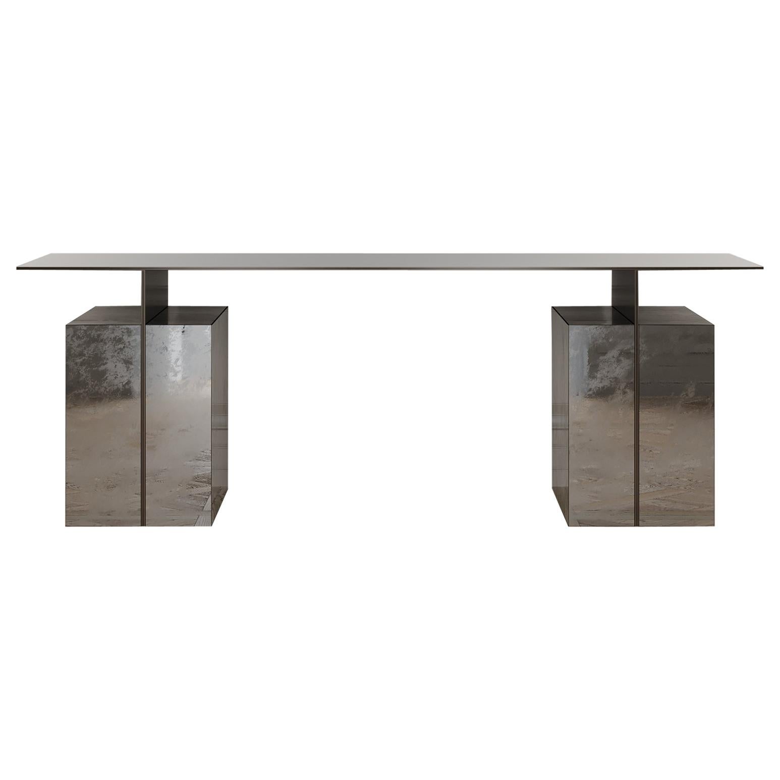 Meridiem Desk of Antiqued Mirror and Patinated Steel, Made in Italy For Sale