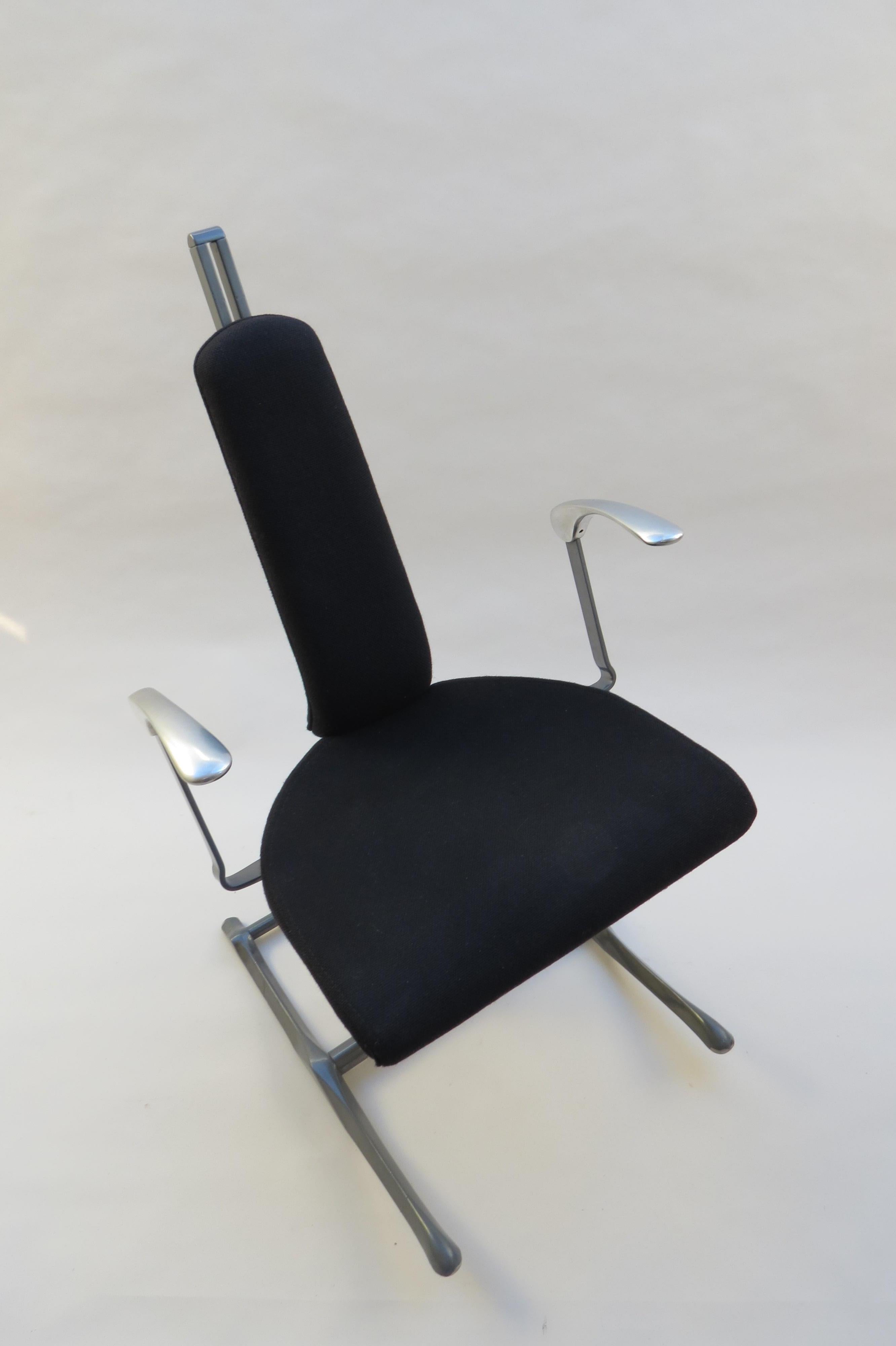 Office chair designed by Michael Dye for Hille. Dates from the 1990s. 
The chair adjusts to suit you, both the backrest and the seat. The base also rocks into 3 different positions. Incredibly comfortable and provides a very comfortable sitting