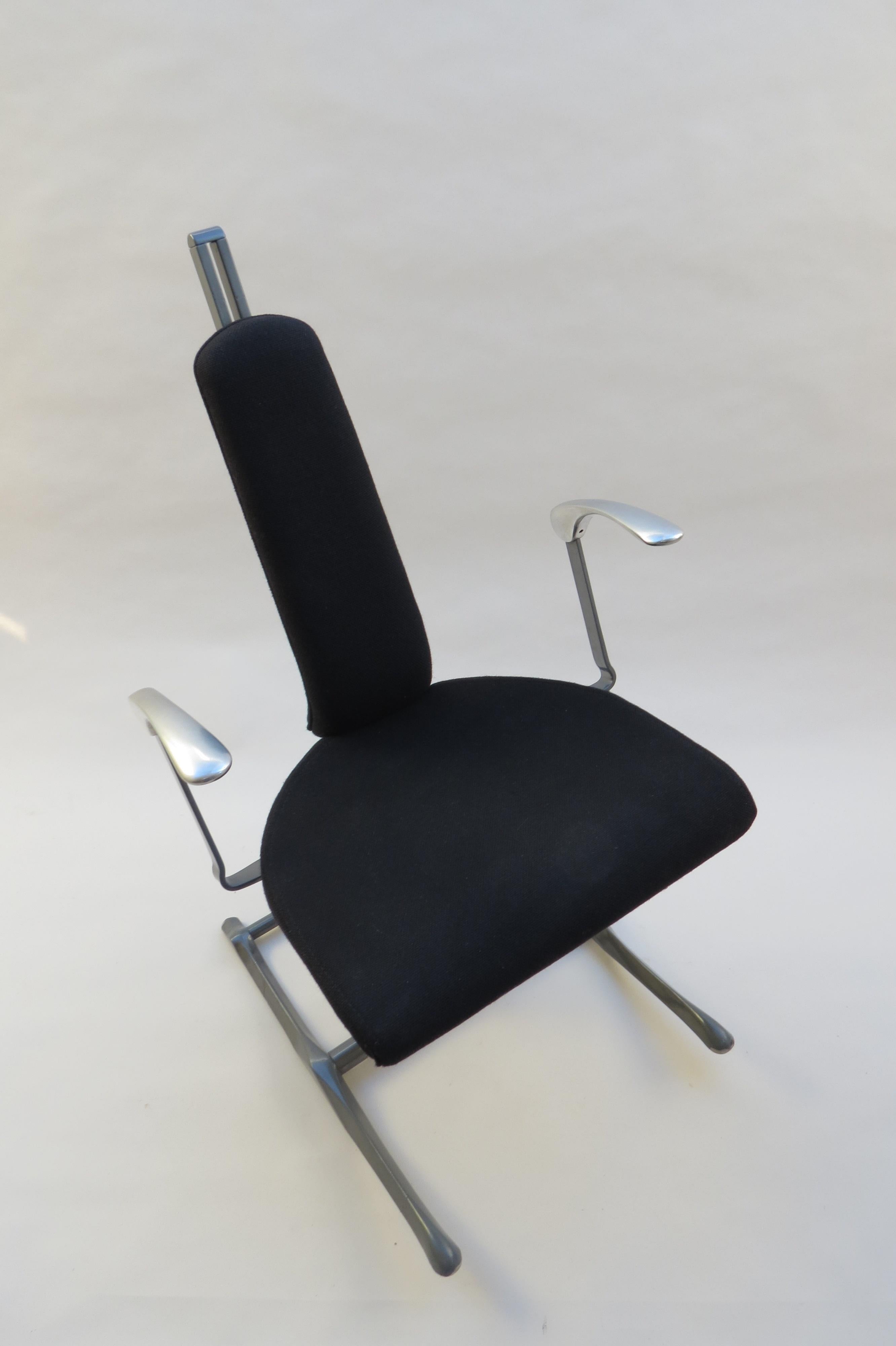 Office desk chair designed by Michael Dye for Hille. Dates from the 1990s. 
The chair adjusts to suit you, both the backrest and the seat. The base also rocks into 3 different positions. Incredibly comfortable and provides a very comfortable