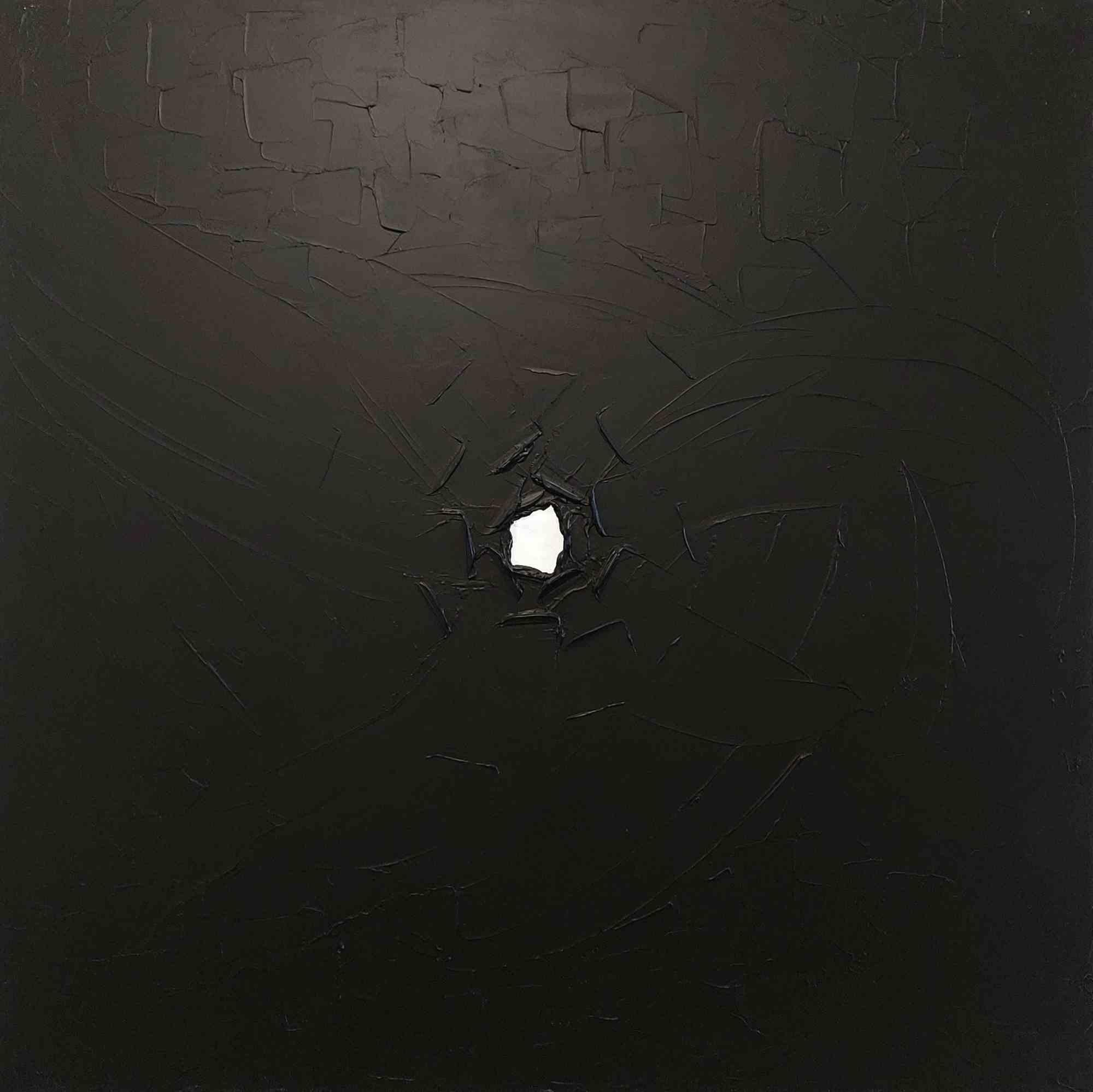 Mixed media by Meriem Delacroix, realized in 2021.

Thick, matte black paint applied with textured, materic brushes to create a suffocating darkness that dominates the canvas.

At the heart of this oppressive abyss, a stark, blinding white center