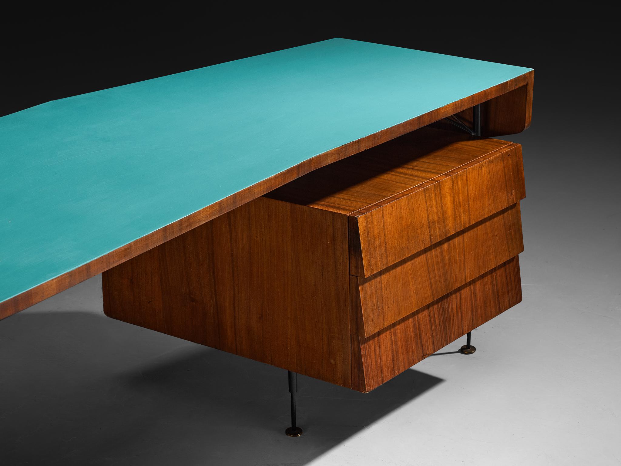 Merighi & Dall'Olmo Italienischer Schreibtisch aus Teakholz, Eisen und türkisblauer Platte 1950er Jahre im Angebot 2