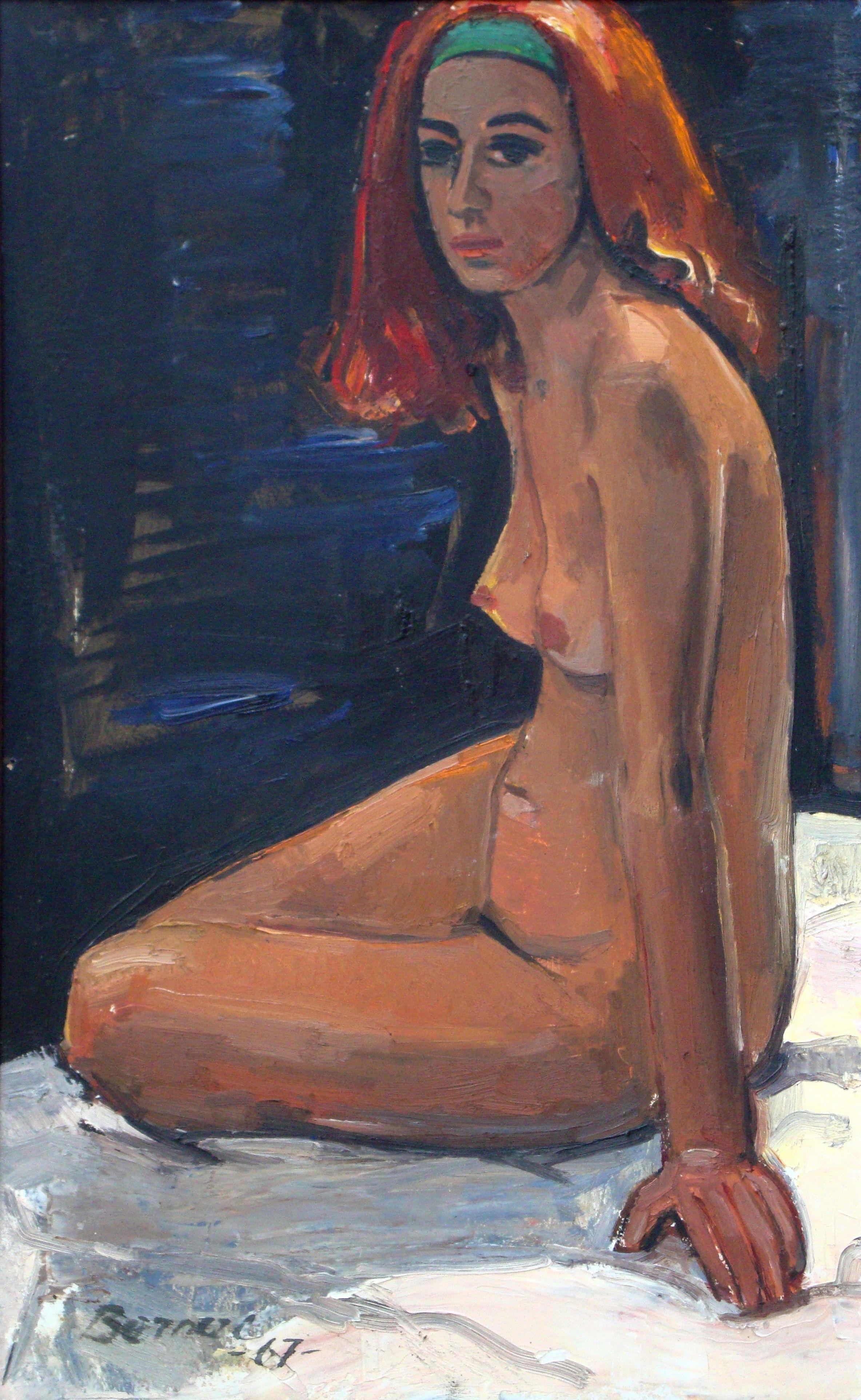 Merija Bernere  Figurative Painting - Redhead. 1967., cardboard, oil, 78x48.5 cm