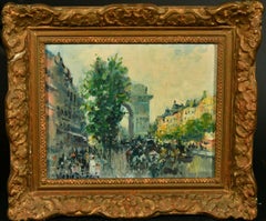 Champs Elysee Paris, Busy Impressionist Oil Painting