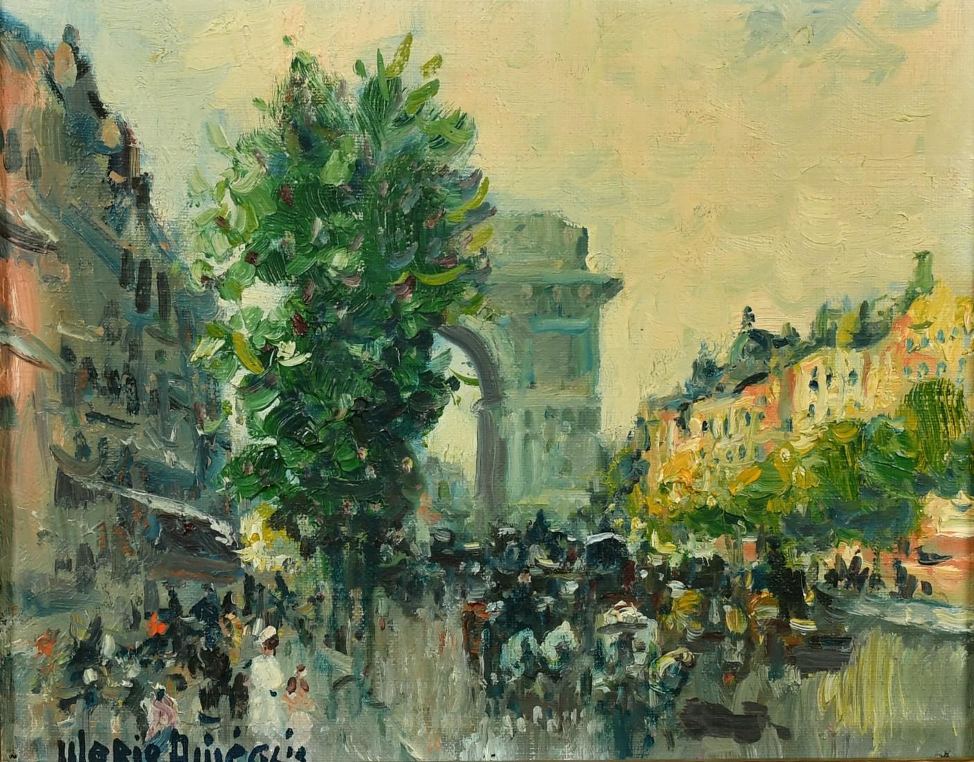 Champs Elysee Paris, Busy Impressionist Oil Painting - Gray Figurative Painting by Merio Ameglio