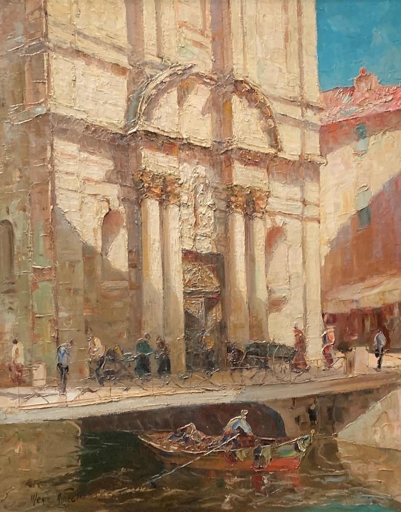 Italian Impressionist View of the Church of the Madeleine in Martigues, France - Painting by Merio Ameglio