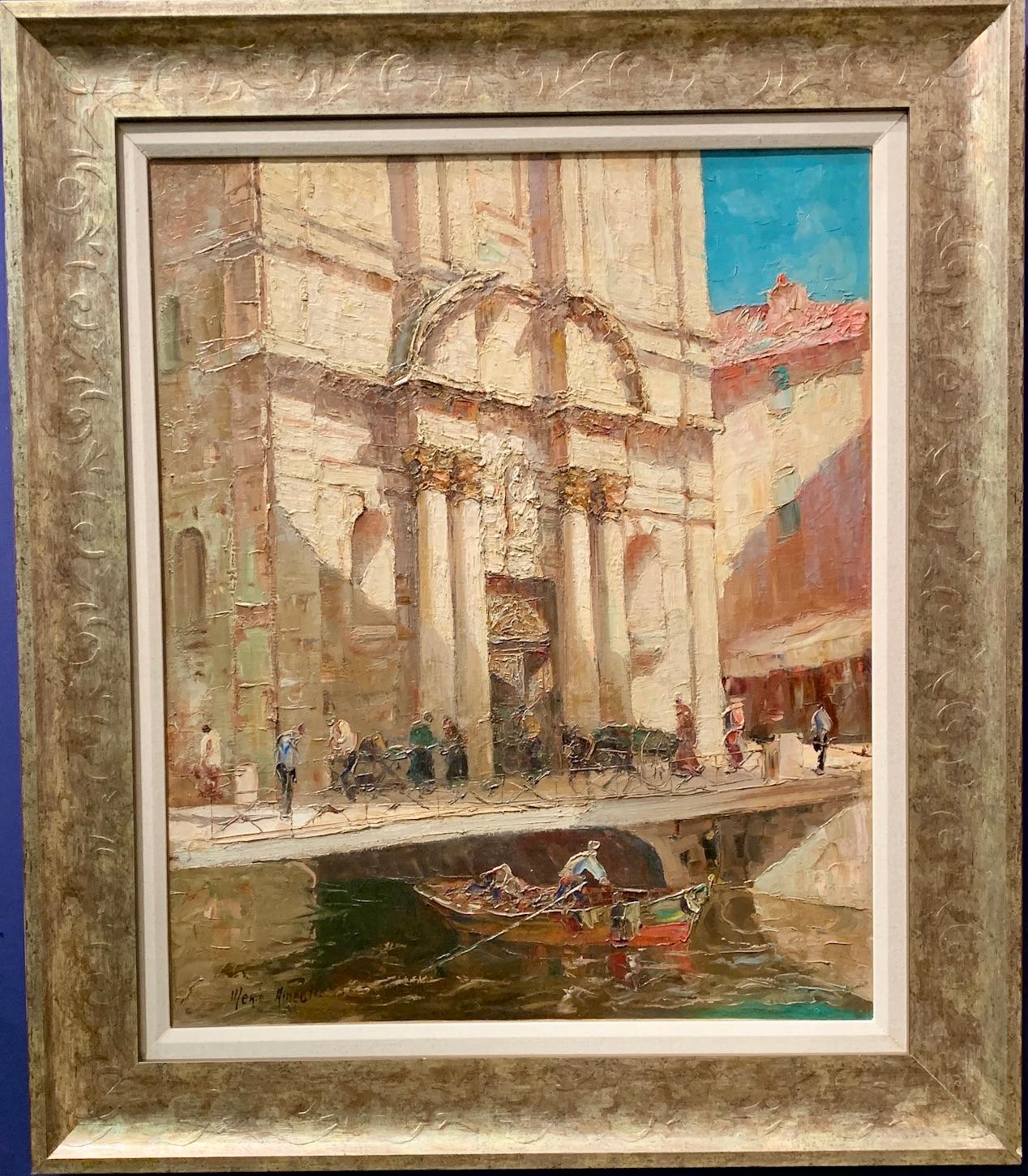 Merio Ameglio Figurative Painting - Italian Impressionist View of the Church of the Madeleine in Martigues, France