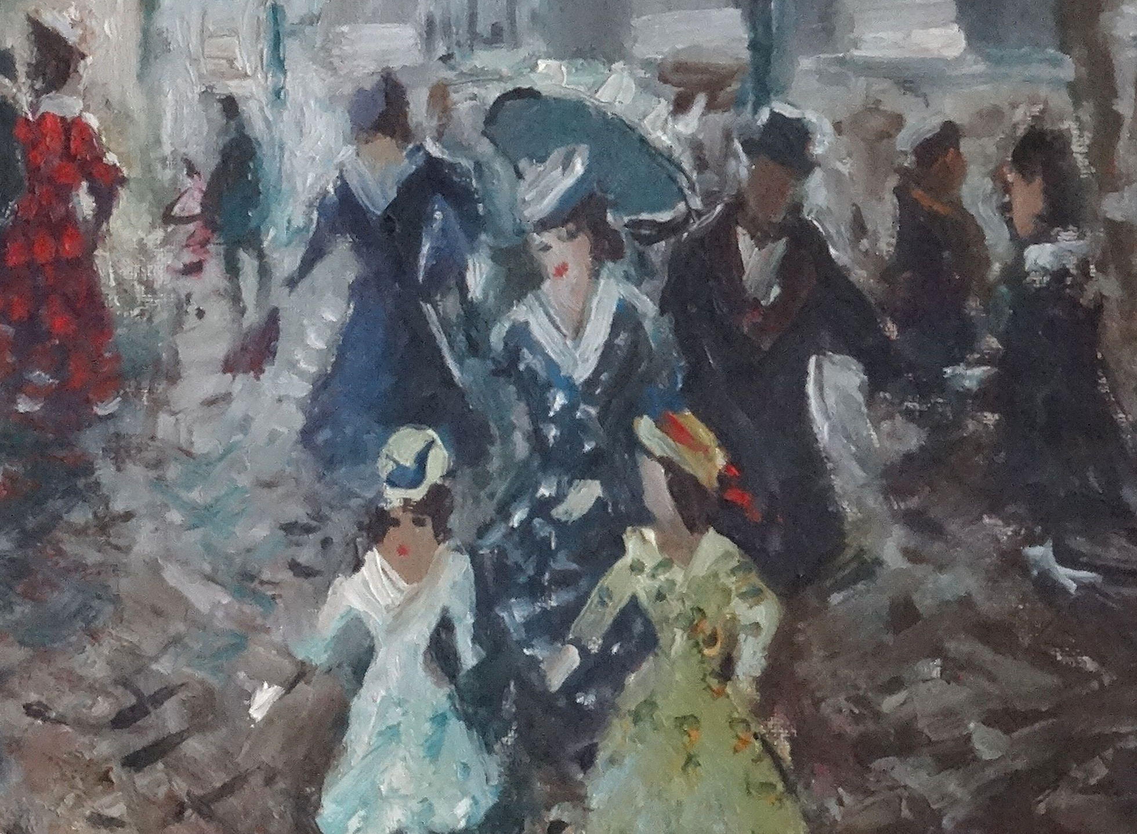 Parigi, place de la Madeleine. 1955, olio su tela, 46x55 cm - Landscape Painting Grigio di Merio Ameglio