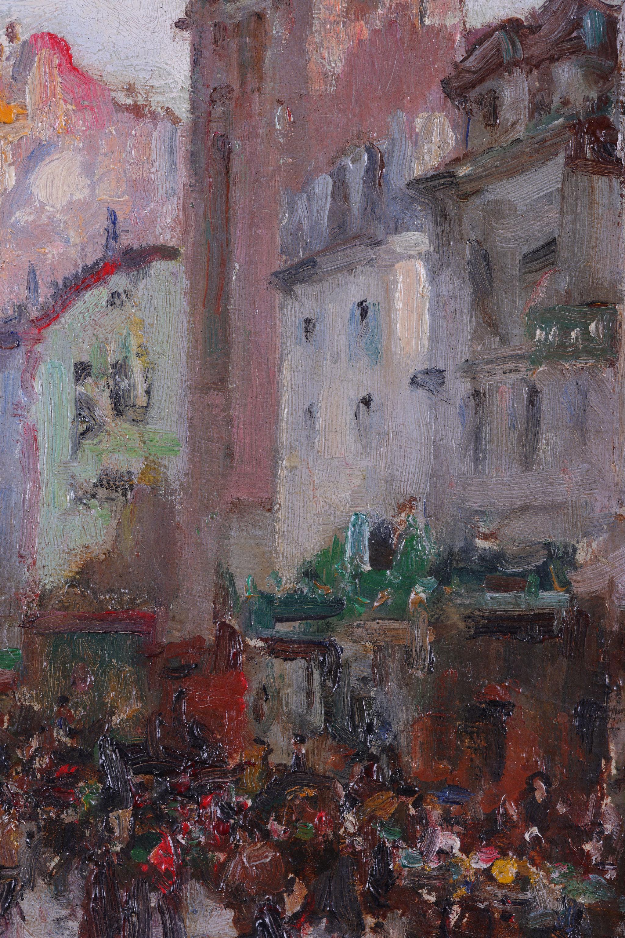 This is a wonderful example of Merio Ameglio's art painted in the Place Des Abbesses very close to where he lived in Montmatre, Paris.
It illustrates this vibrant, busy part of Paris perfectly. An area of art, music and literature which was brimming