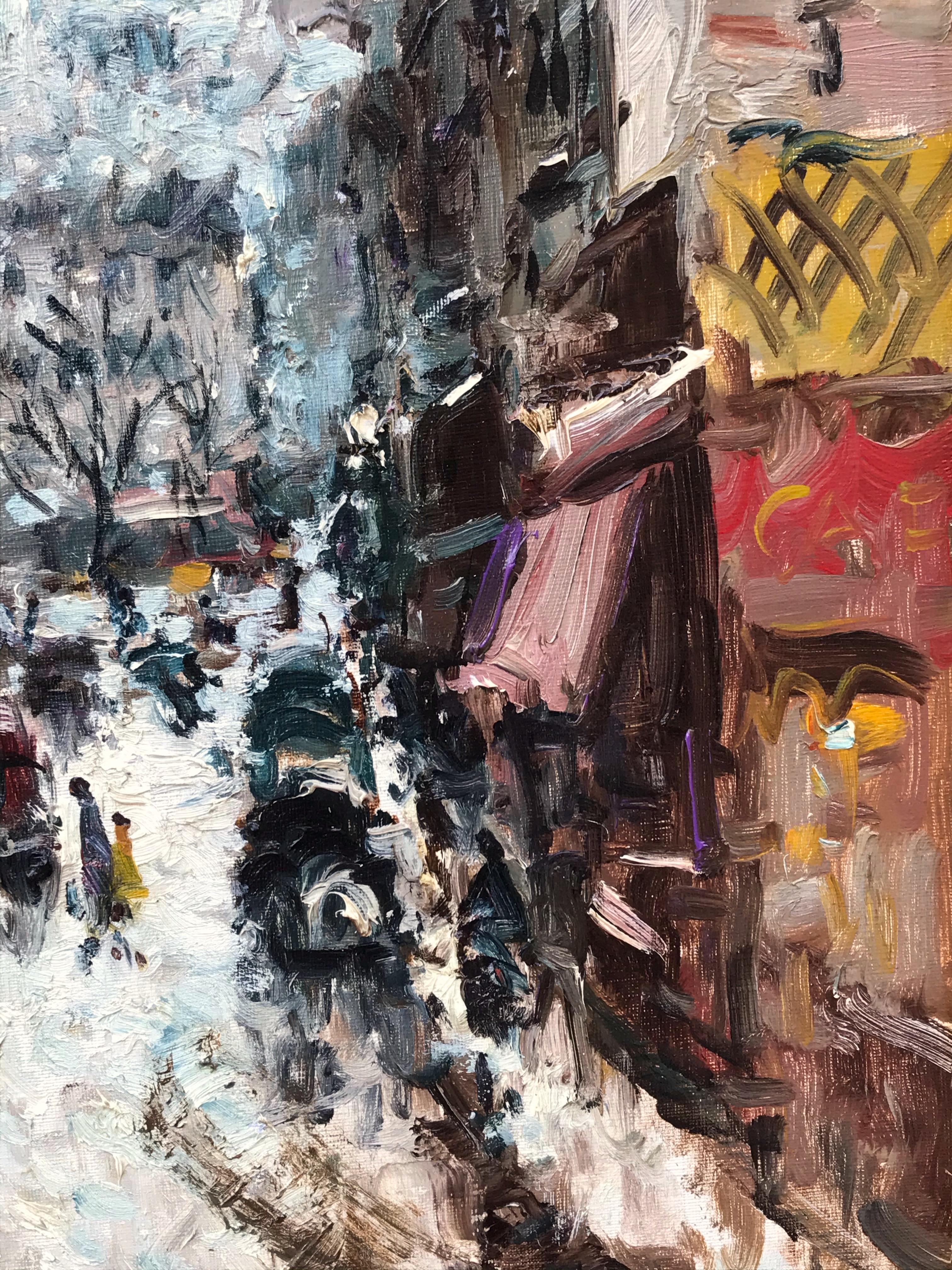 Peinture postimpressionniste - Paris, Montmartre en hiver - Marron Landscape Painting par Merio Ameglio